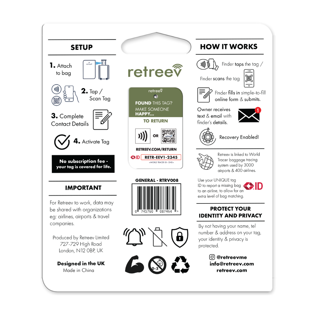 Retreev SMART Tag attached to a stylish travel bag, showcasing its durable stainless steel design.