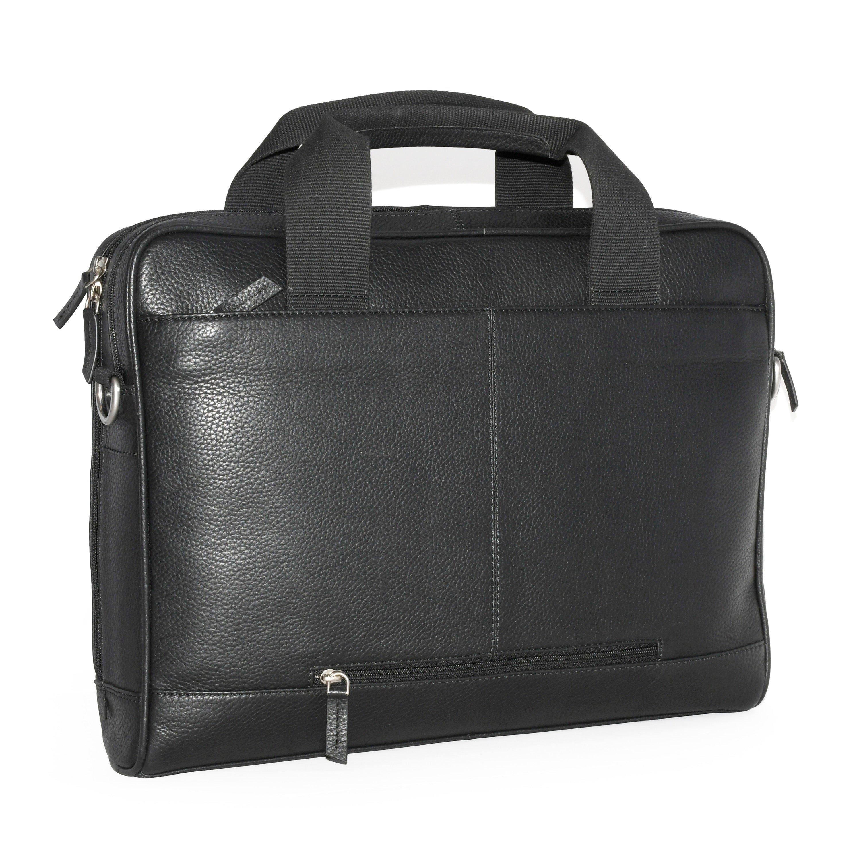 Leather Top Handle Briefcase featuring textured leather, spacious compartments, and adjustable strap for versatile carrying.