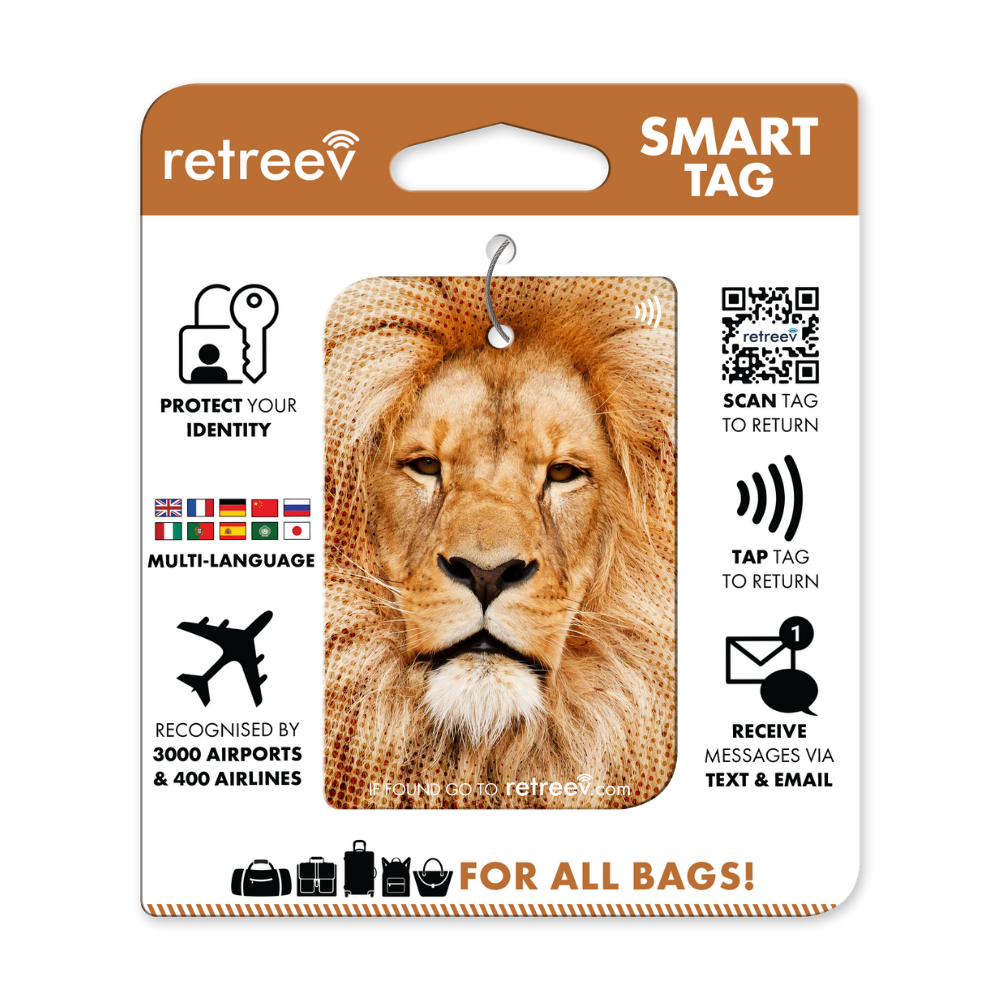 Lion Retreev SMART Tag attached to a stylish travel bag, showcasing its durable stainless steel design.