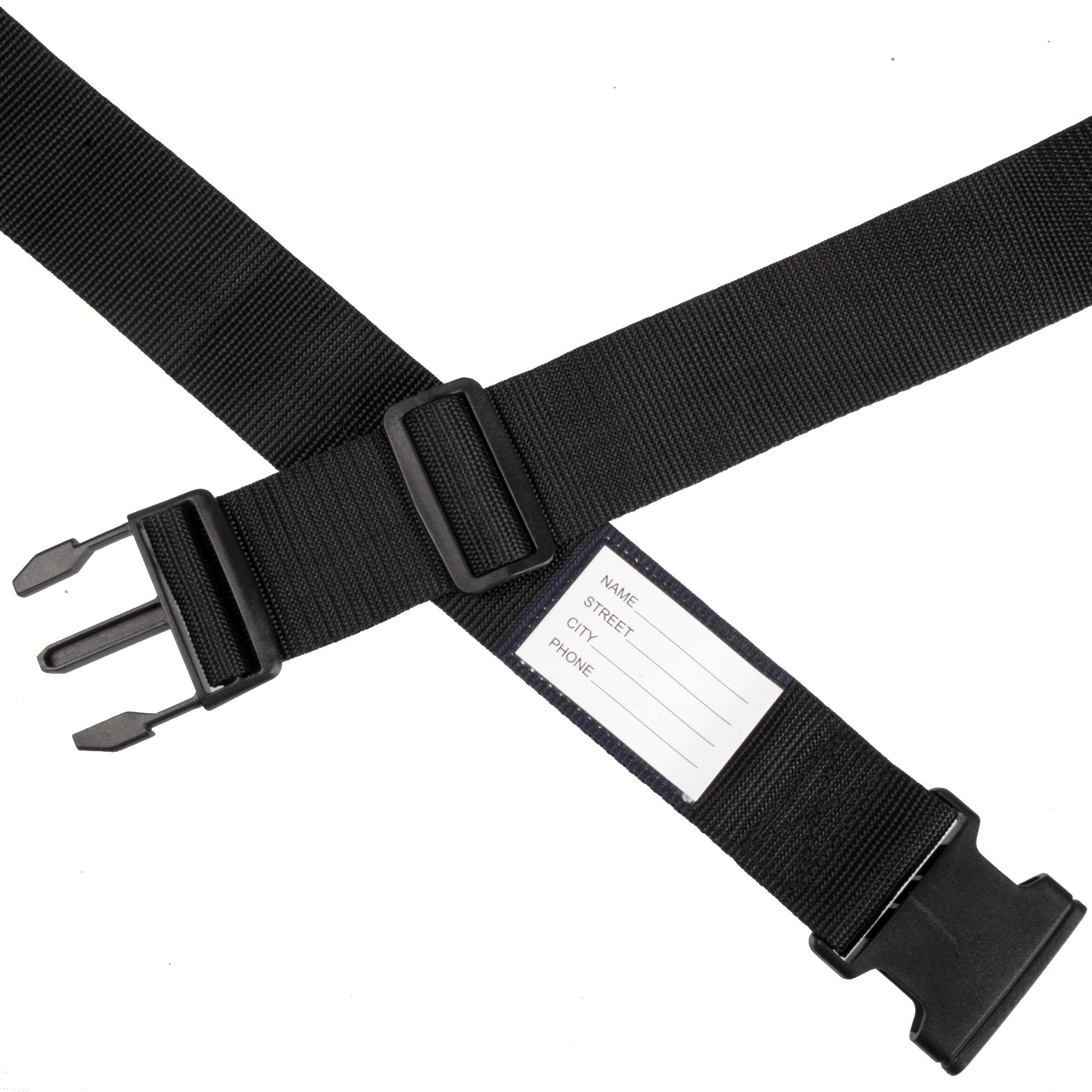 Nicci Luggage Strap with Plastic Buckle, featuring durable polyester webbing and adjustable length for secure luggage identification.