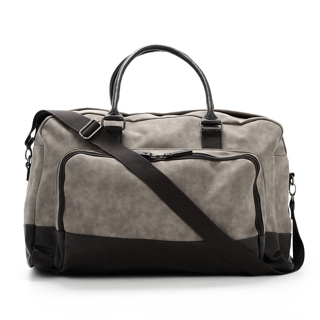 Marcel Two Tone Duffle Bag in vegan leather with external pocket and zip wall pockets, featuring dual top handles and adjustable shoulder strap.