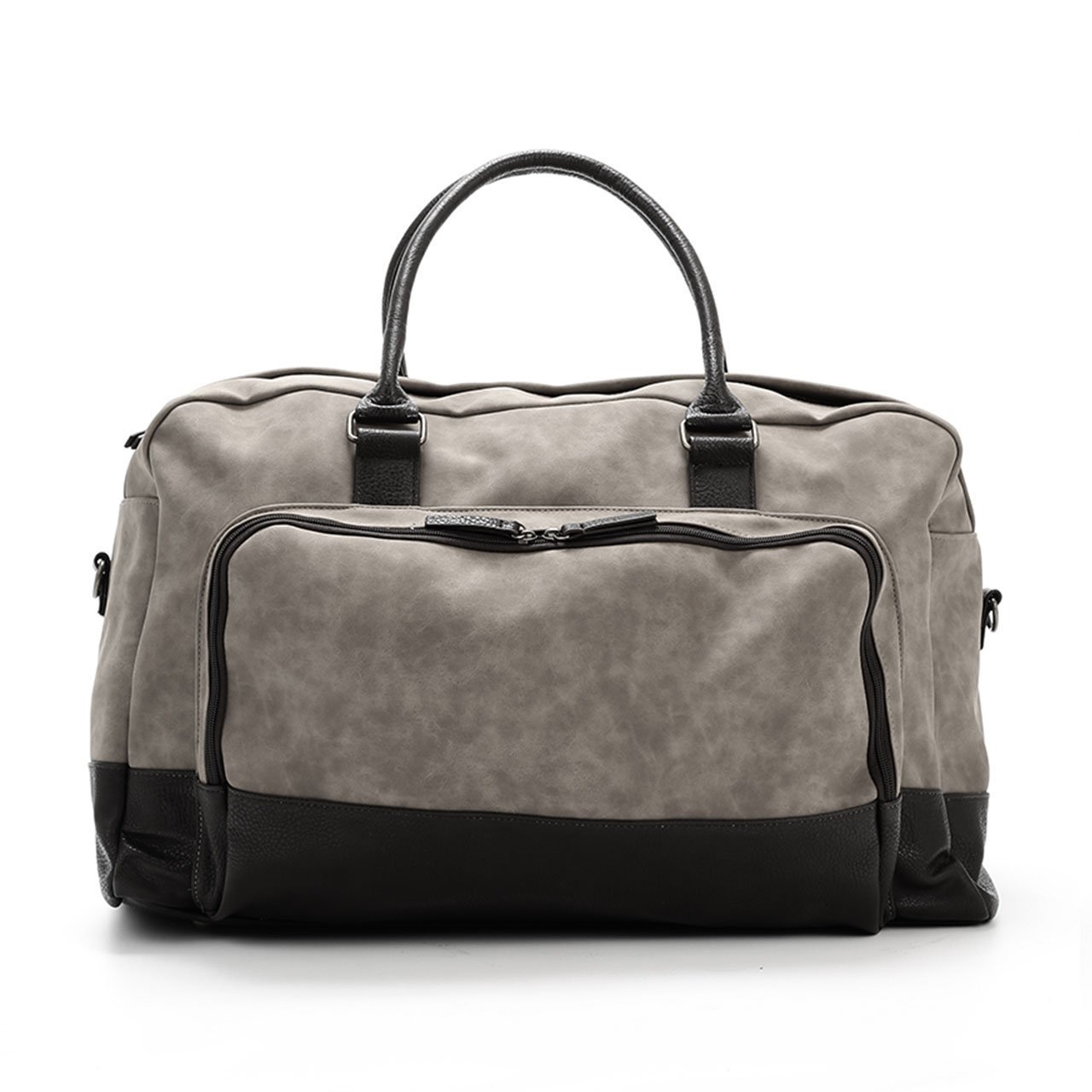 Marcel Two Tone Duffle Bag in vegan leather with external pocket and zip wall pockets, featuring dual top handles and adjustable shoulder strap.