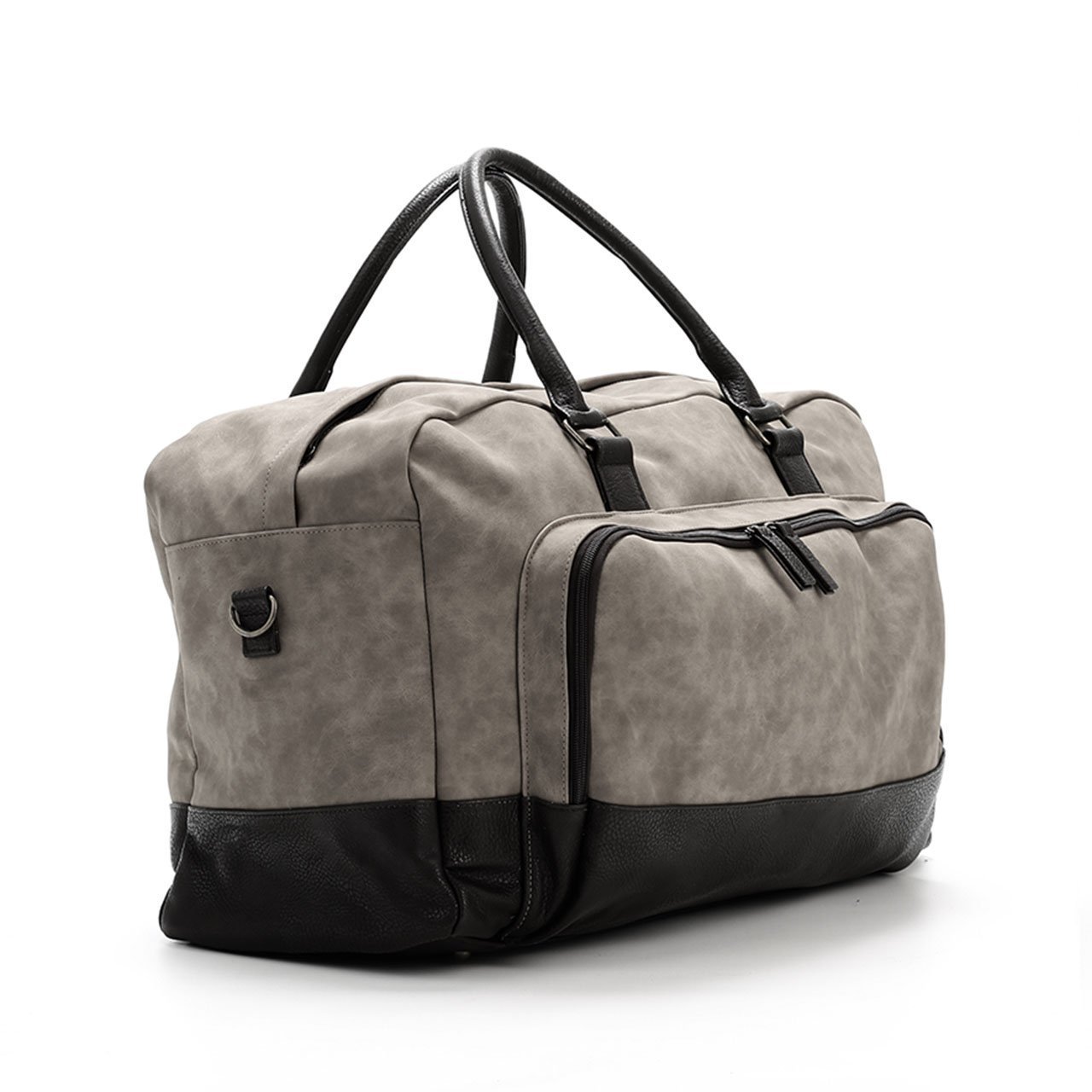 Marcel Two Tone Duffle Bag in vegan leather with external pocket and zip wall pockets, featuring dual top handles and adjustable shoulder strap.