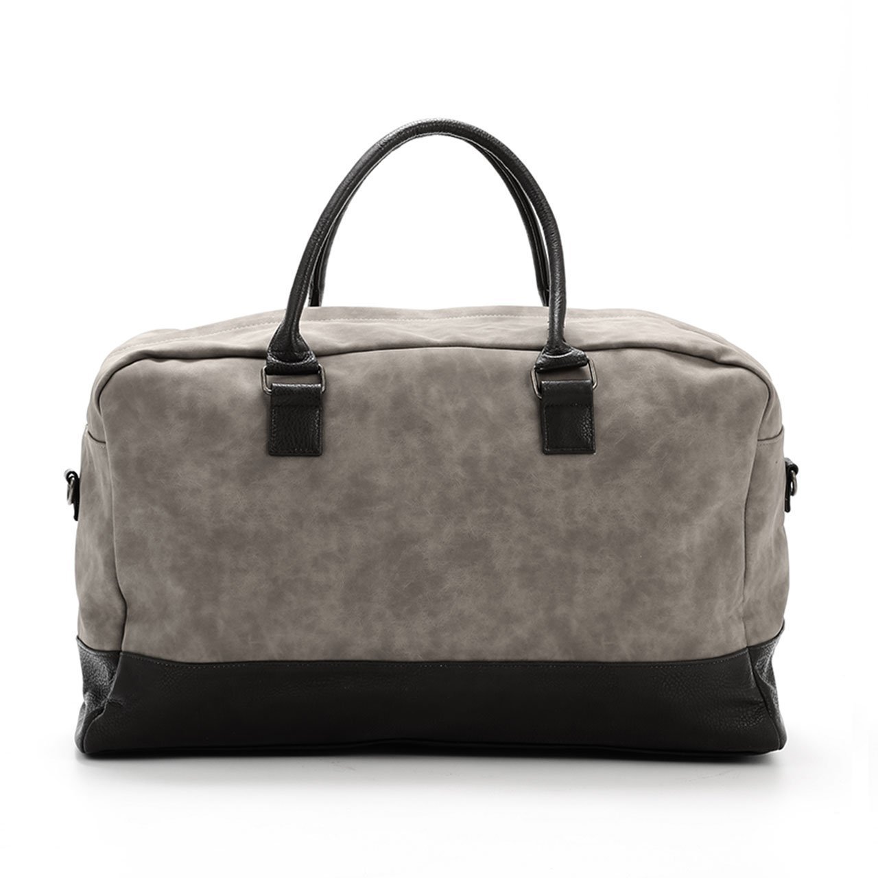 Marcel Two Tone Duffle Bag in vegan leather with external pocket and zip wall pockets, featuring dual top handles and adjustable shoulder strap.