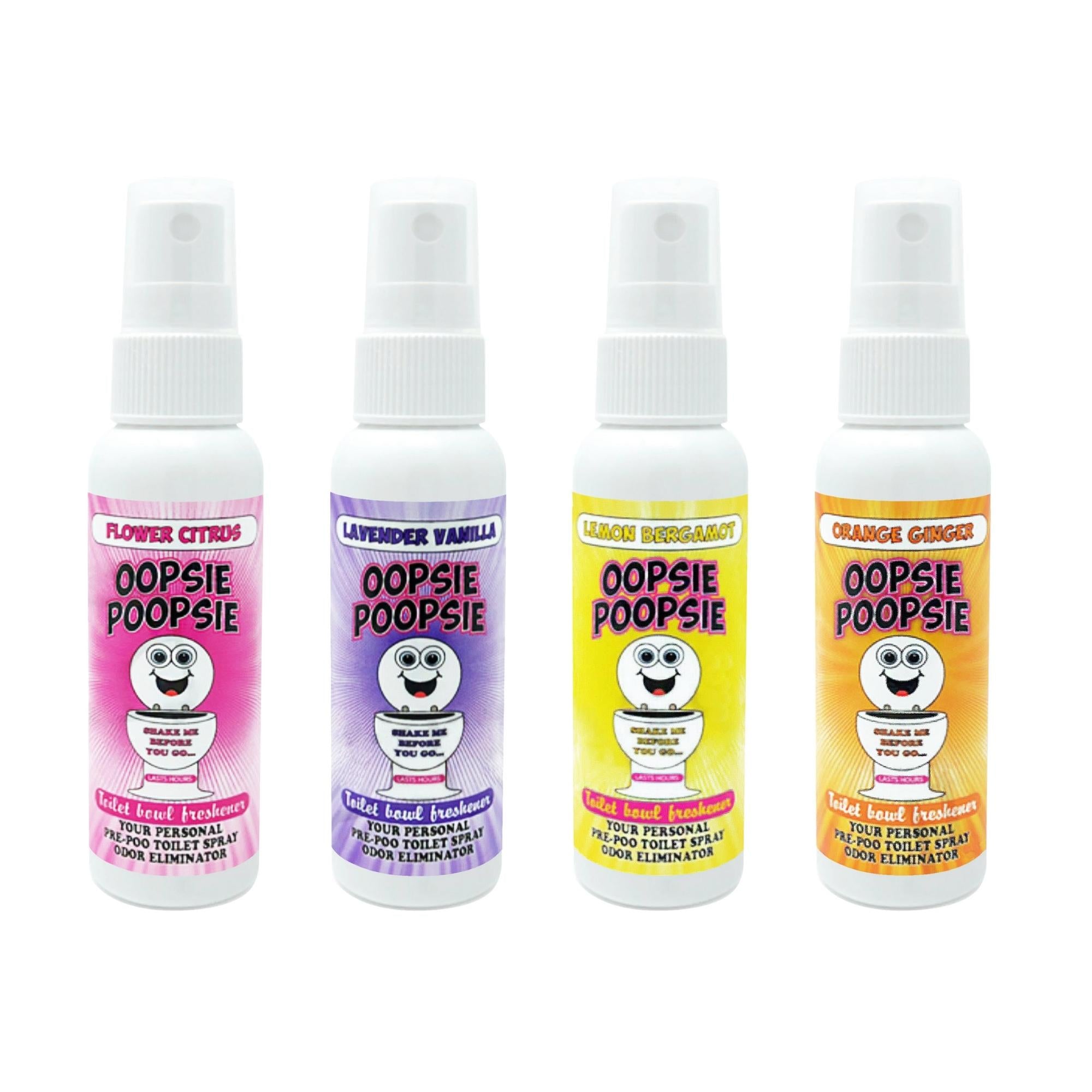 Four travel-sized bottles of Oopsie Poopsie Before-You-Go Toilet Spray in various scents including Orange Ginger and Lemon Bergamot.