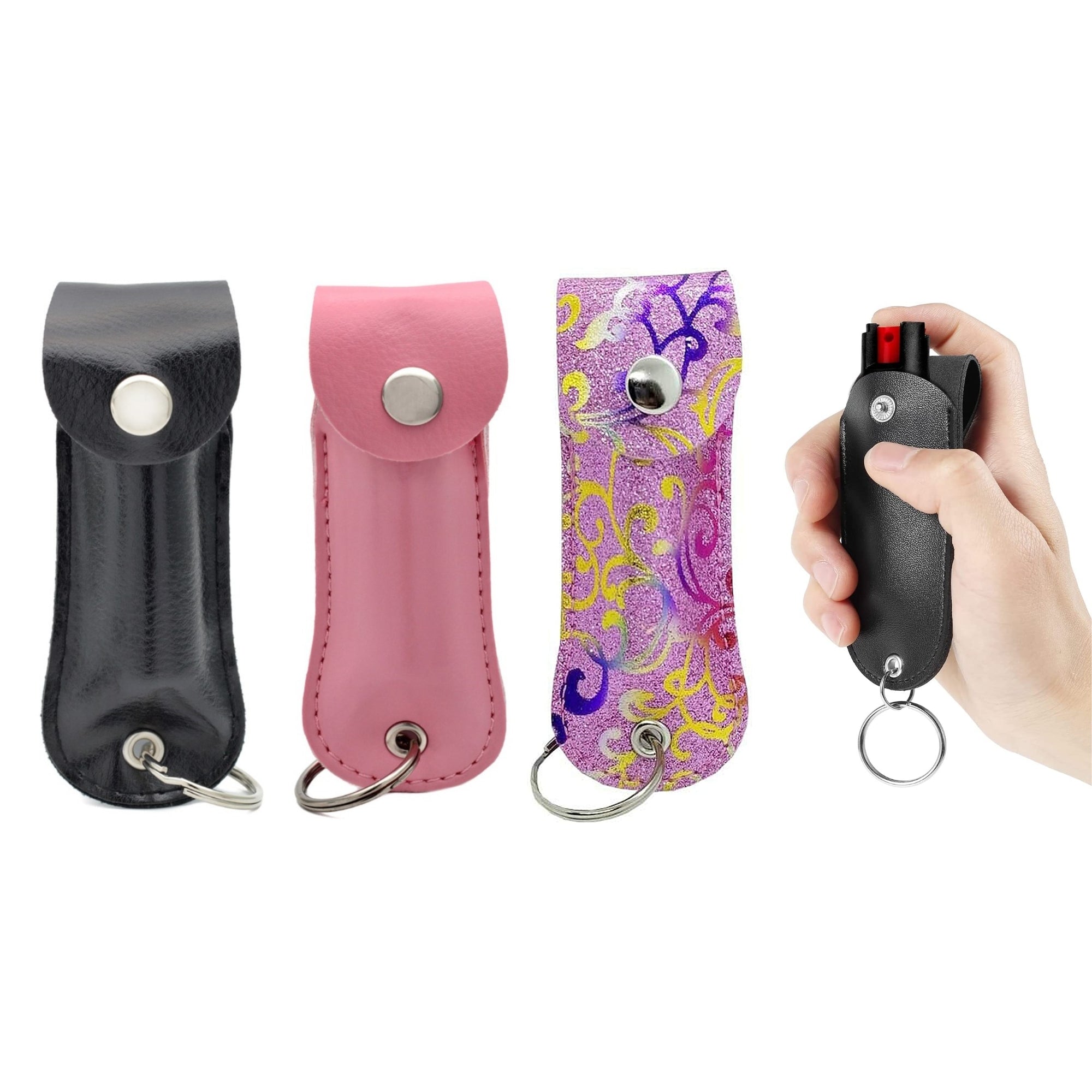 Pepper spray tool with a leather pouch keychain, compact and stylish for personal safety.