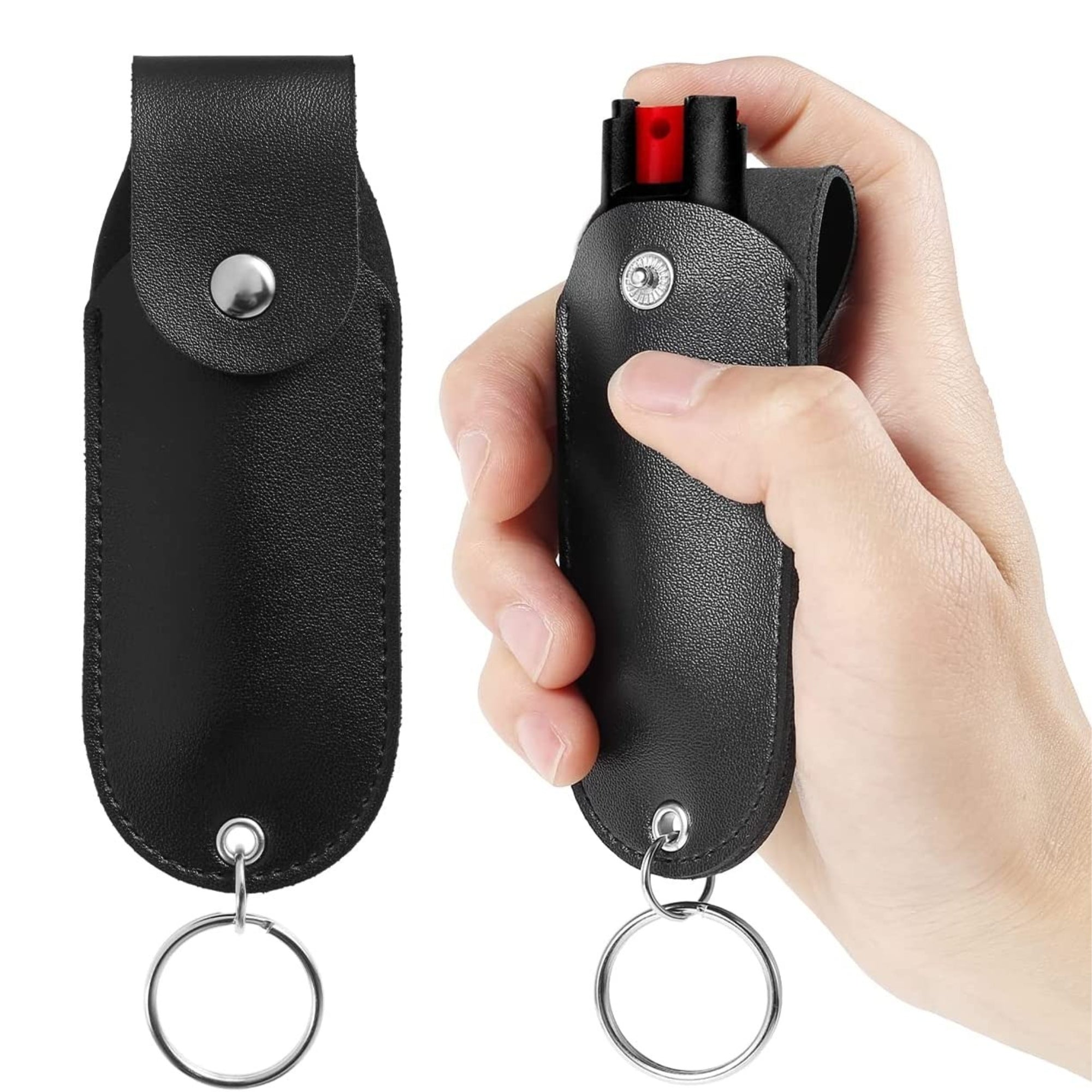 Pepper spray tool with a leather pouch keychain, compact and stylish for personal safety.