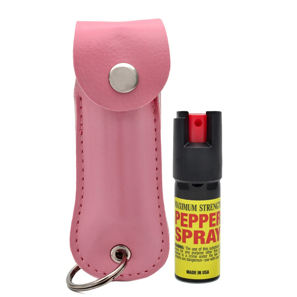 Pepper spray tool with a leather pouch keychain, compact and stylish for personal safety.