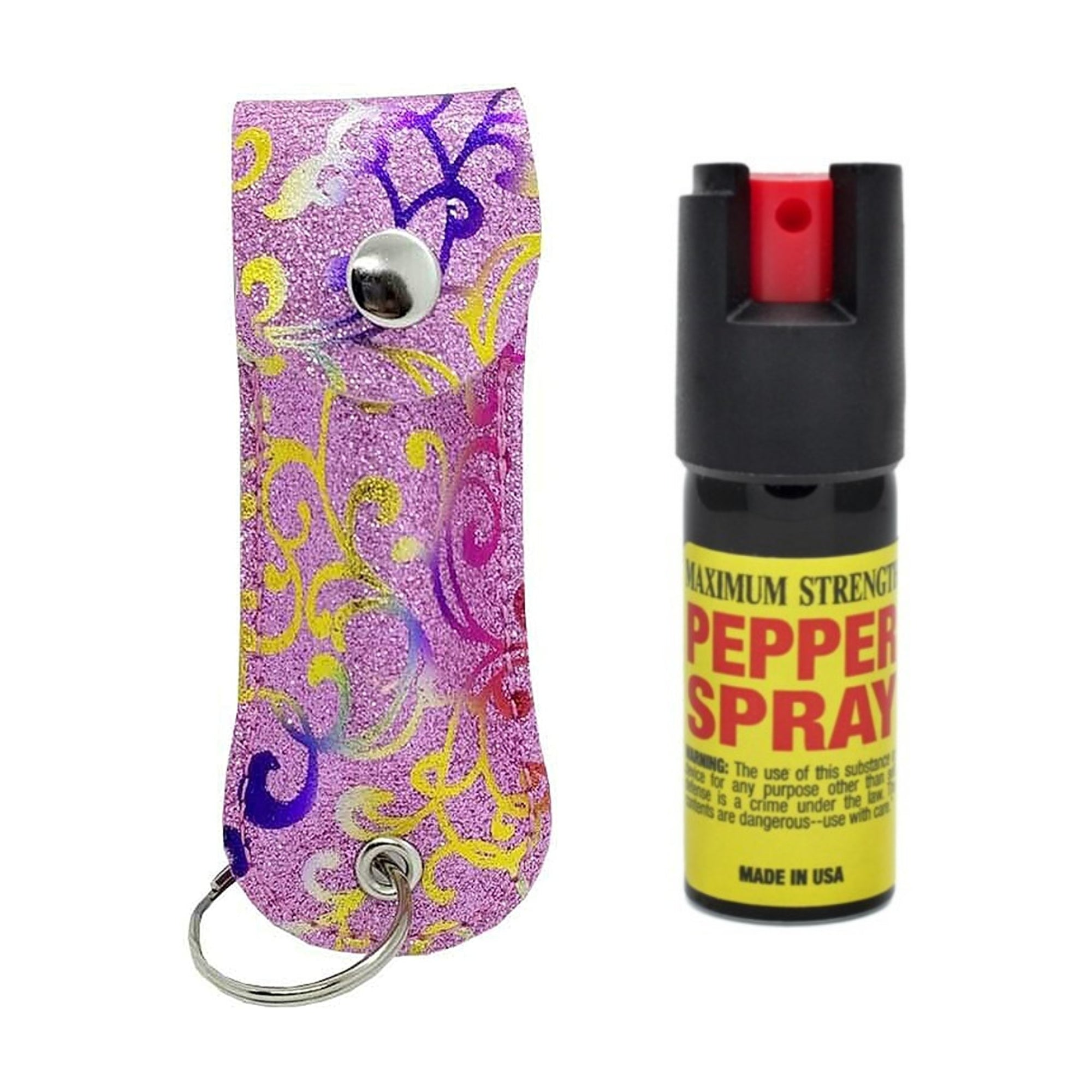 Pepper spray tool with a leather pouch keychain, compact and stylish for personal safety.