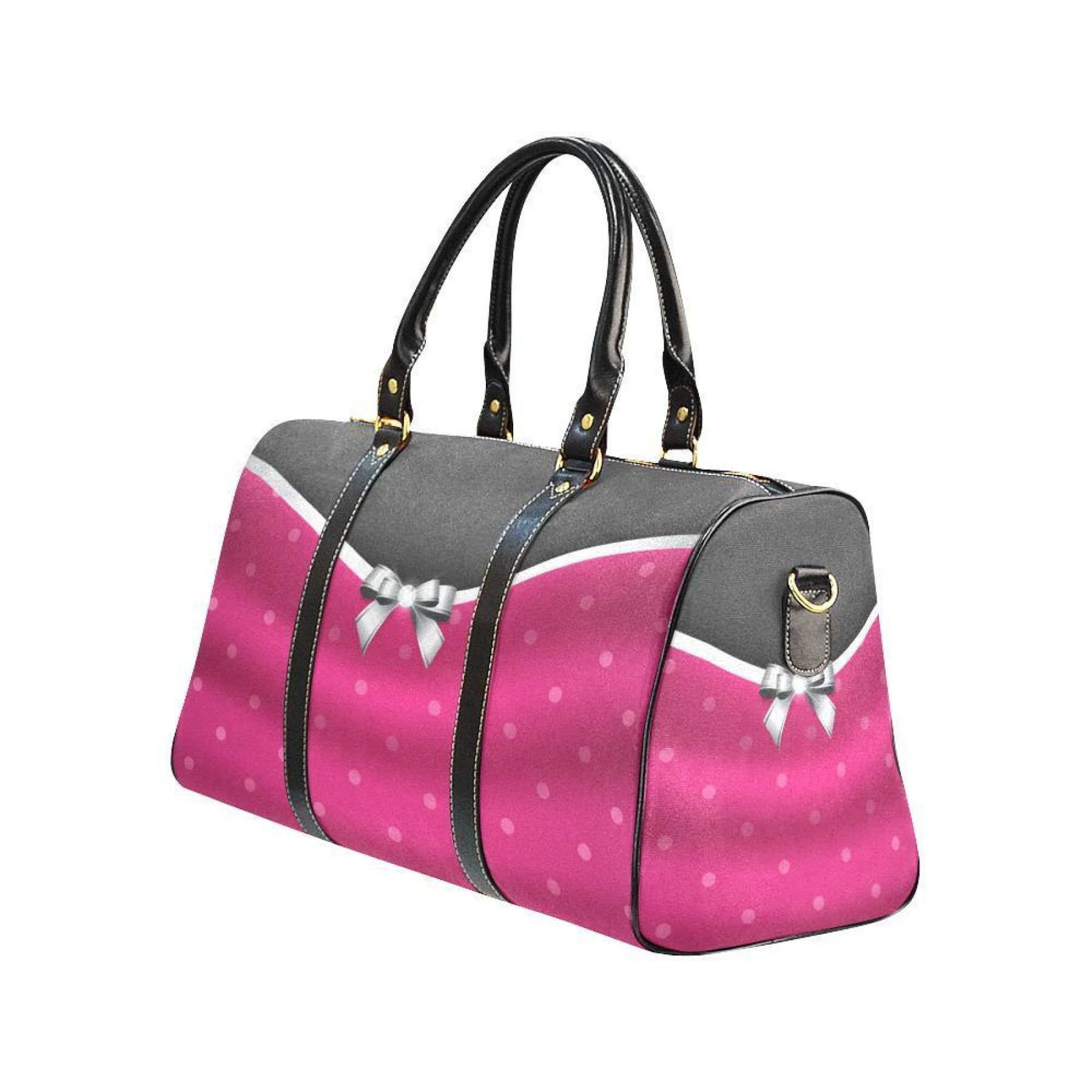 Stylish Pink And Black Bow Style Travel Bag with durable waterproof fabric and adjustable shoulder strap.