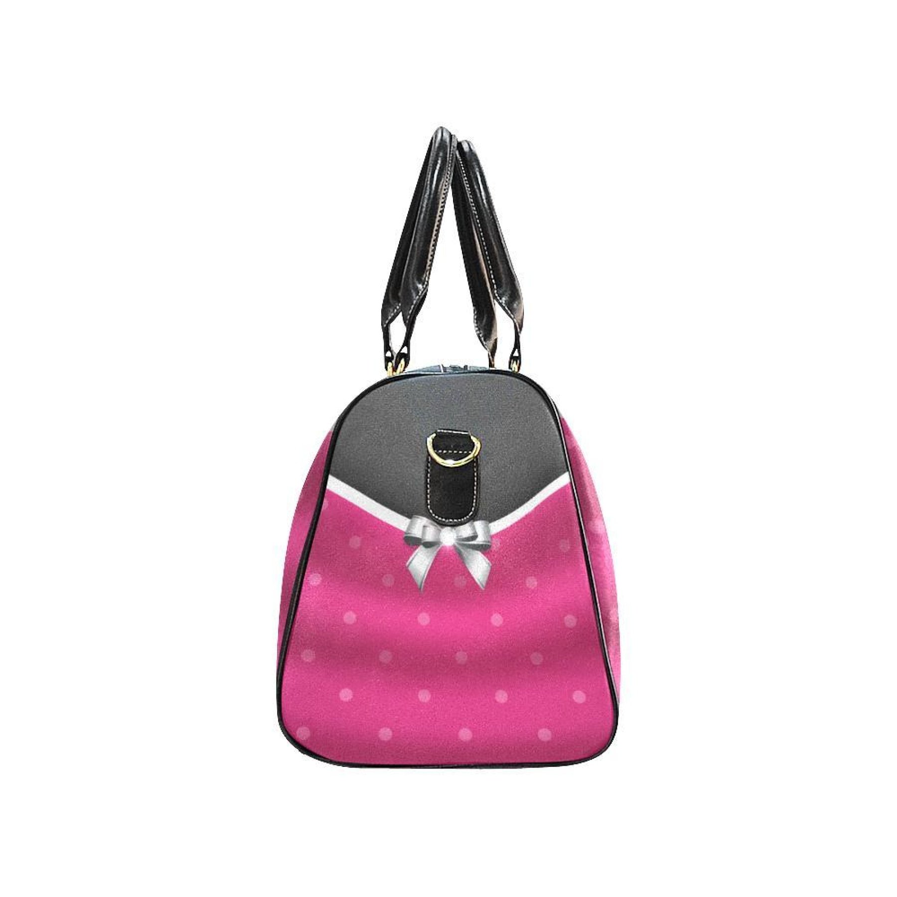 Stylish Pink And Black Bow Style Travel Bag with durable waterproof fabric and adjustable shoulder strap.