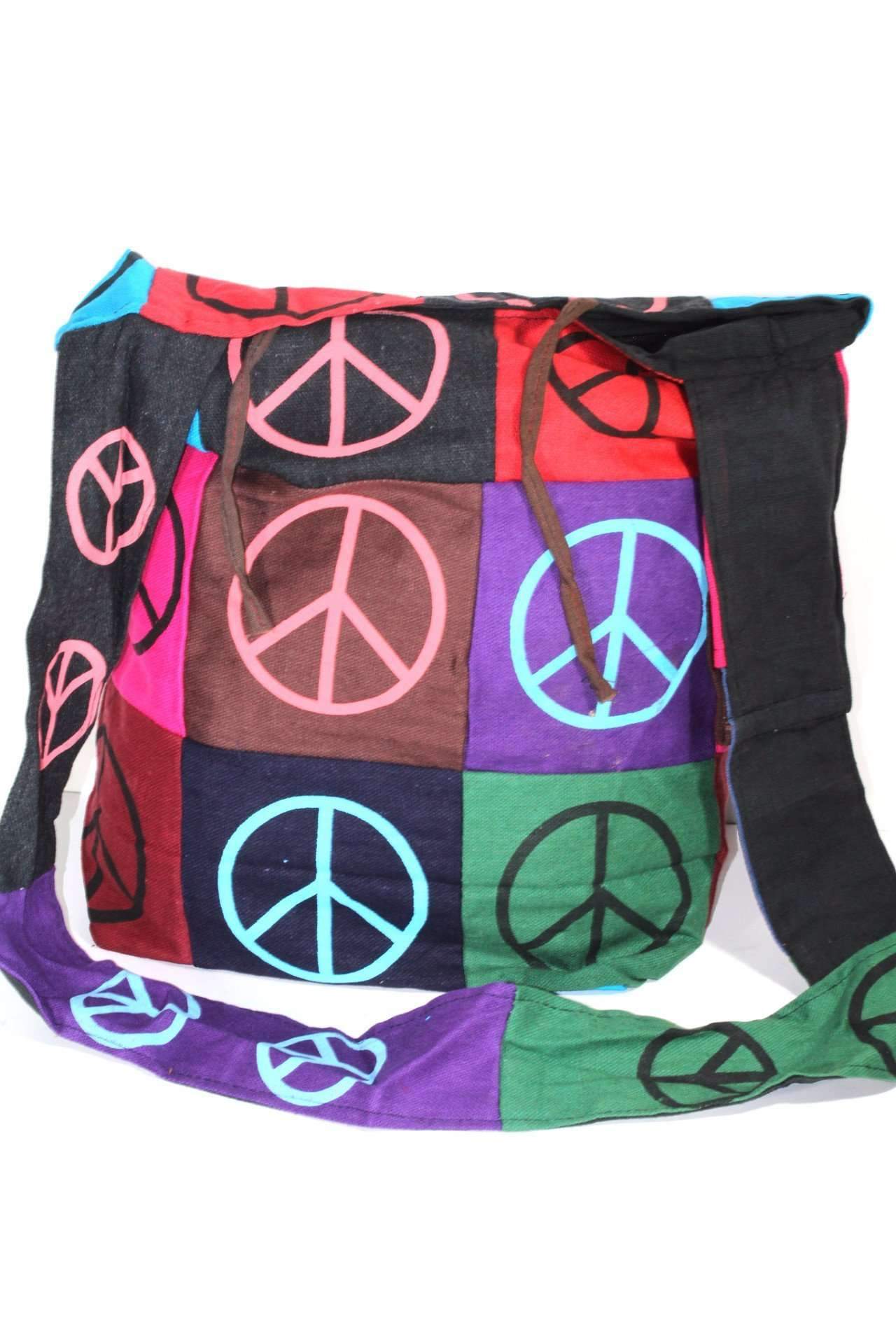 Colorful Pop Art Peace Patchwork Jhola Sling Bag made of 100% cotton, featuring a peace symbol design, inner pocket, and drawstring closure.