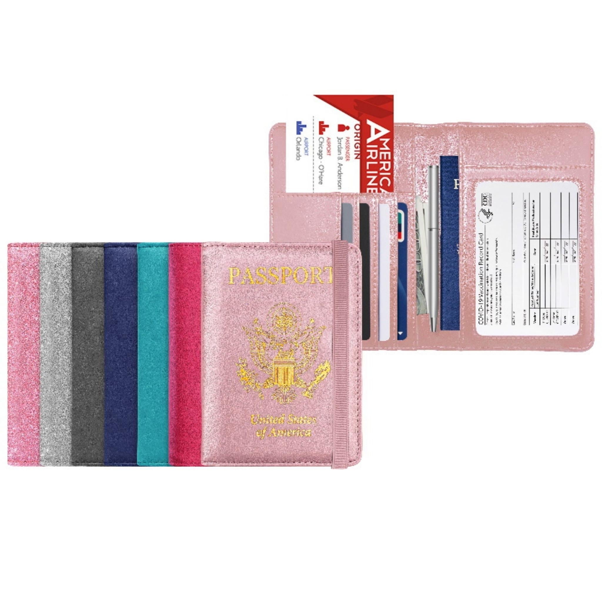 PU Leather RFID Passport and Vaccine Card Holder Combo in various colors, showcasing its stylish design and secure button closure.