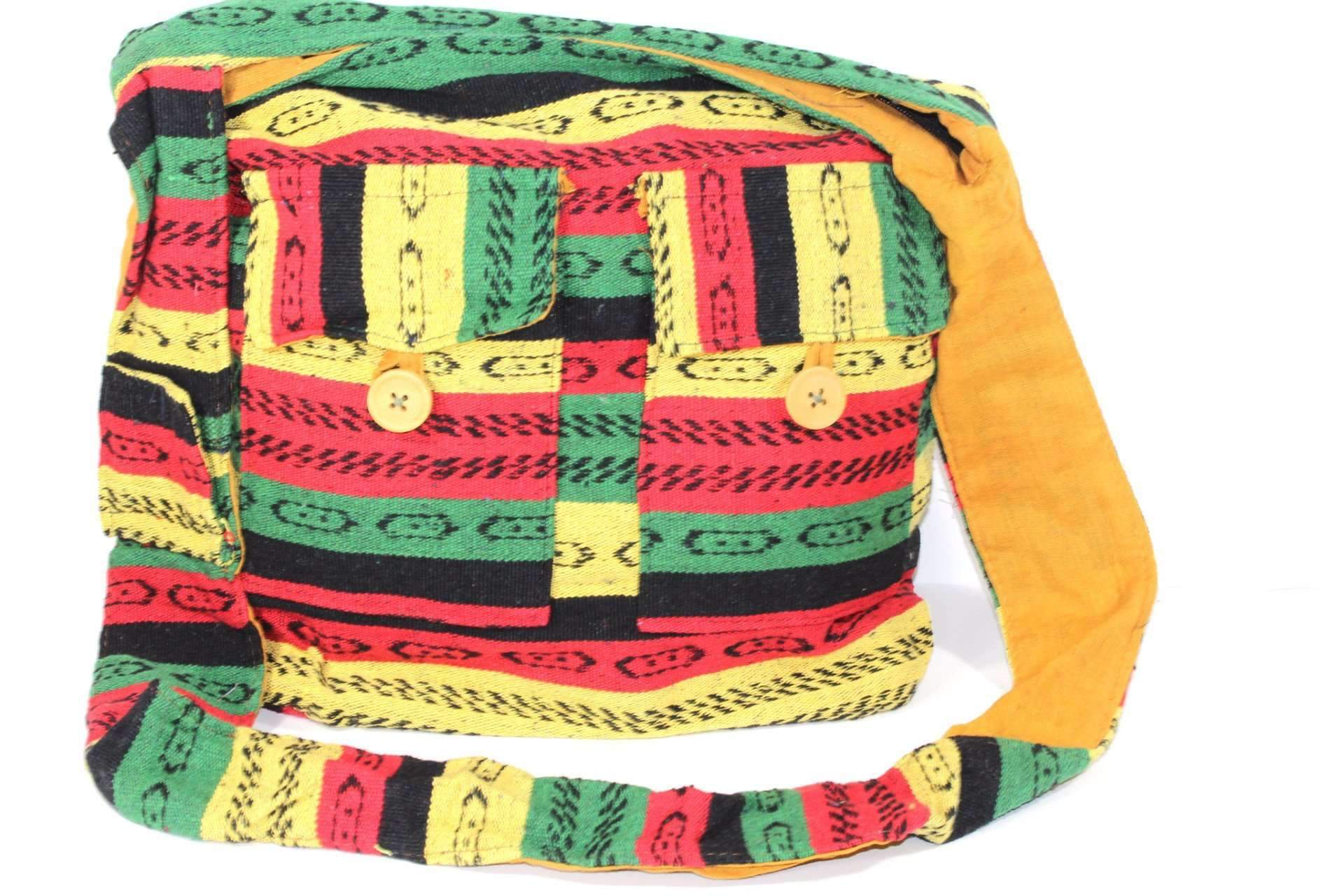 Vibrant handmade Rasta Vibes Durrie Sling Bag in red, yellow, and green colors, featuring a zip top enclosure and outer pocket.