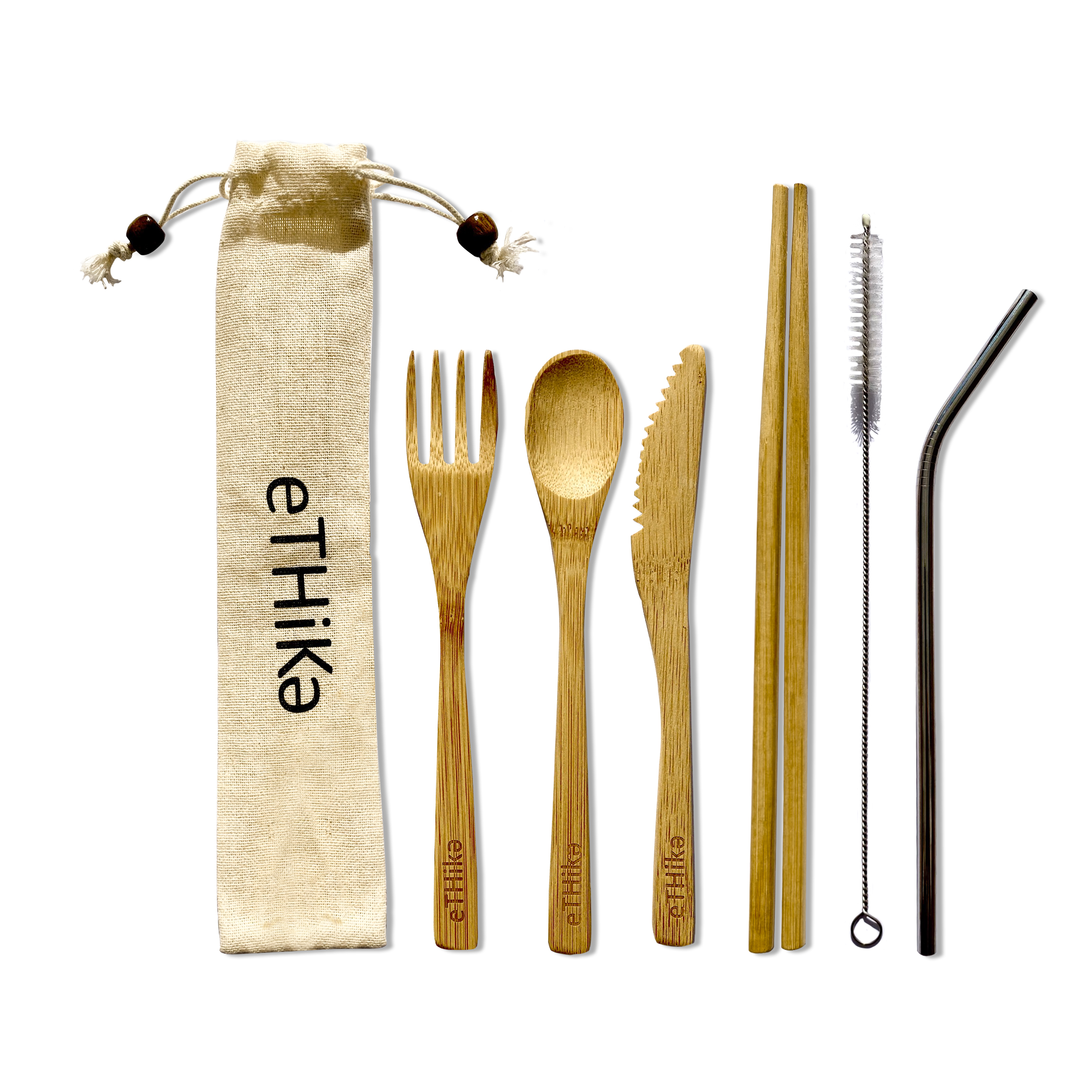 A complete Reusable Bamboo Cutlery Set of 7 including fork, spoon, knife, chopsticks, and stainless steel straw in a textile bag.