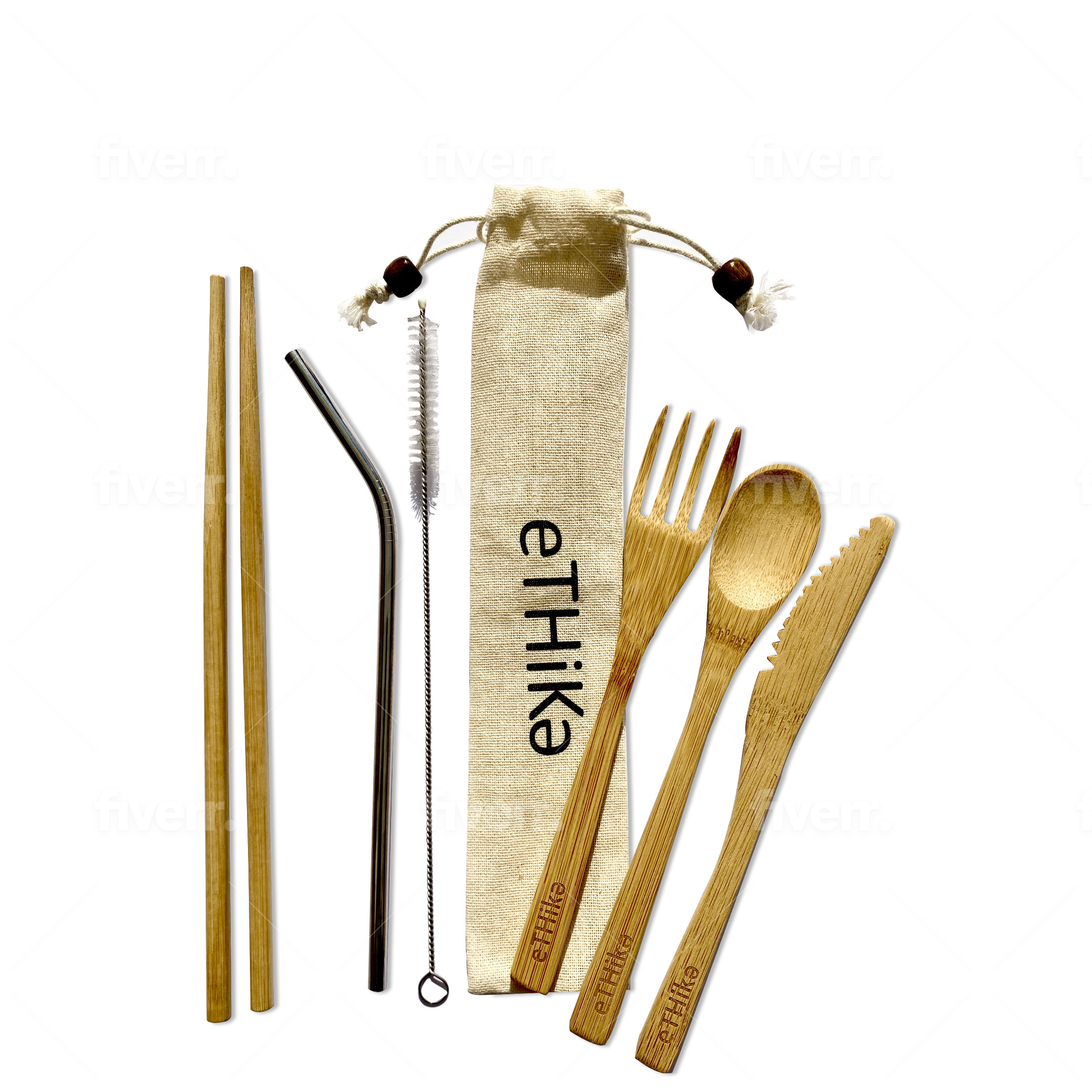 A complete Reusable Bamboo Cutlery Set of 7 including fork, spoon, knife, chopsticks, and stainless steel straw in a textile bag.