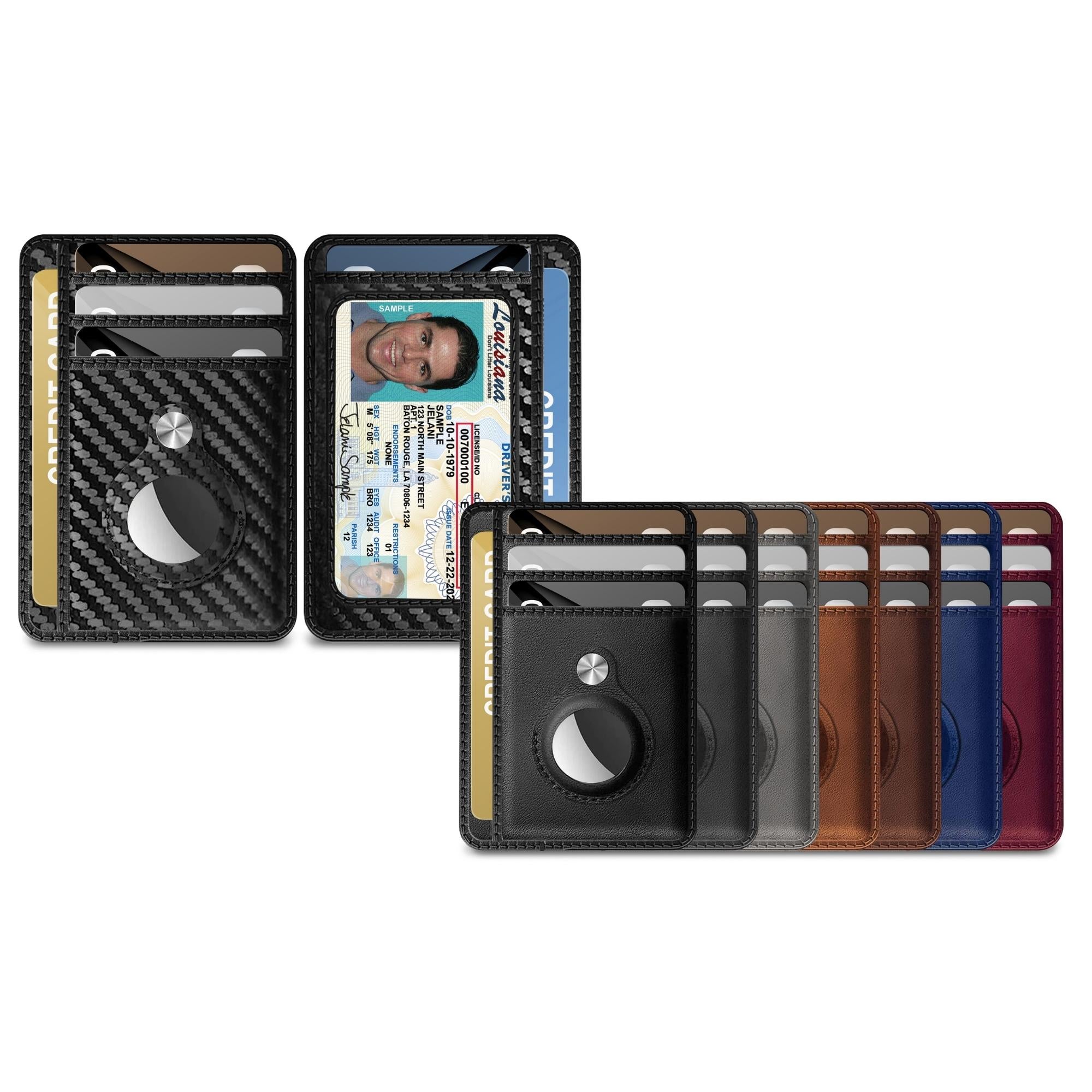 Slim Minimalist Front Pocket Wallet with built-in AirTag case, showcasing its sleek design and RFID blocking feature.