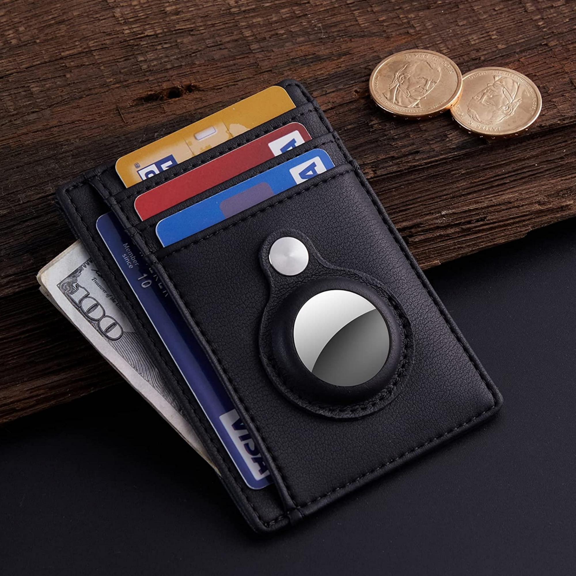 Slim Minimalist Front Pocket Wallet with built-in AirTag case, showcasing its sleek design and RFID blocking feature.