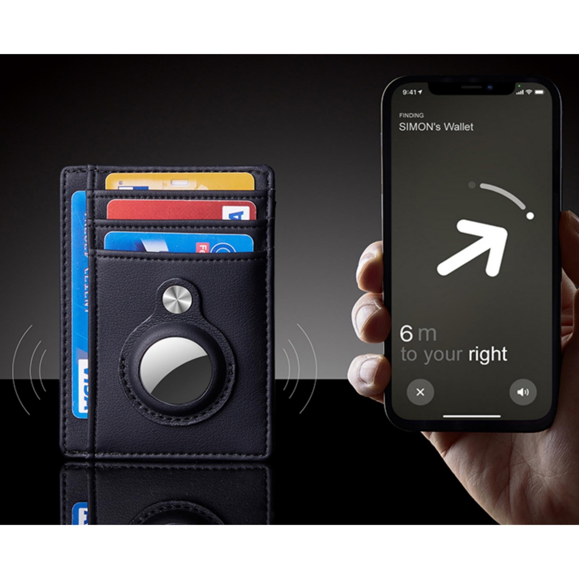 Slim Minimalist Front Pocket Wallet with built-in AirTag case, showcasing its sleek design and RFID blocking feature.