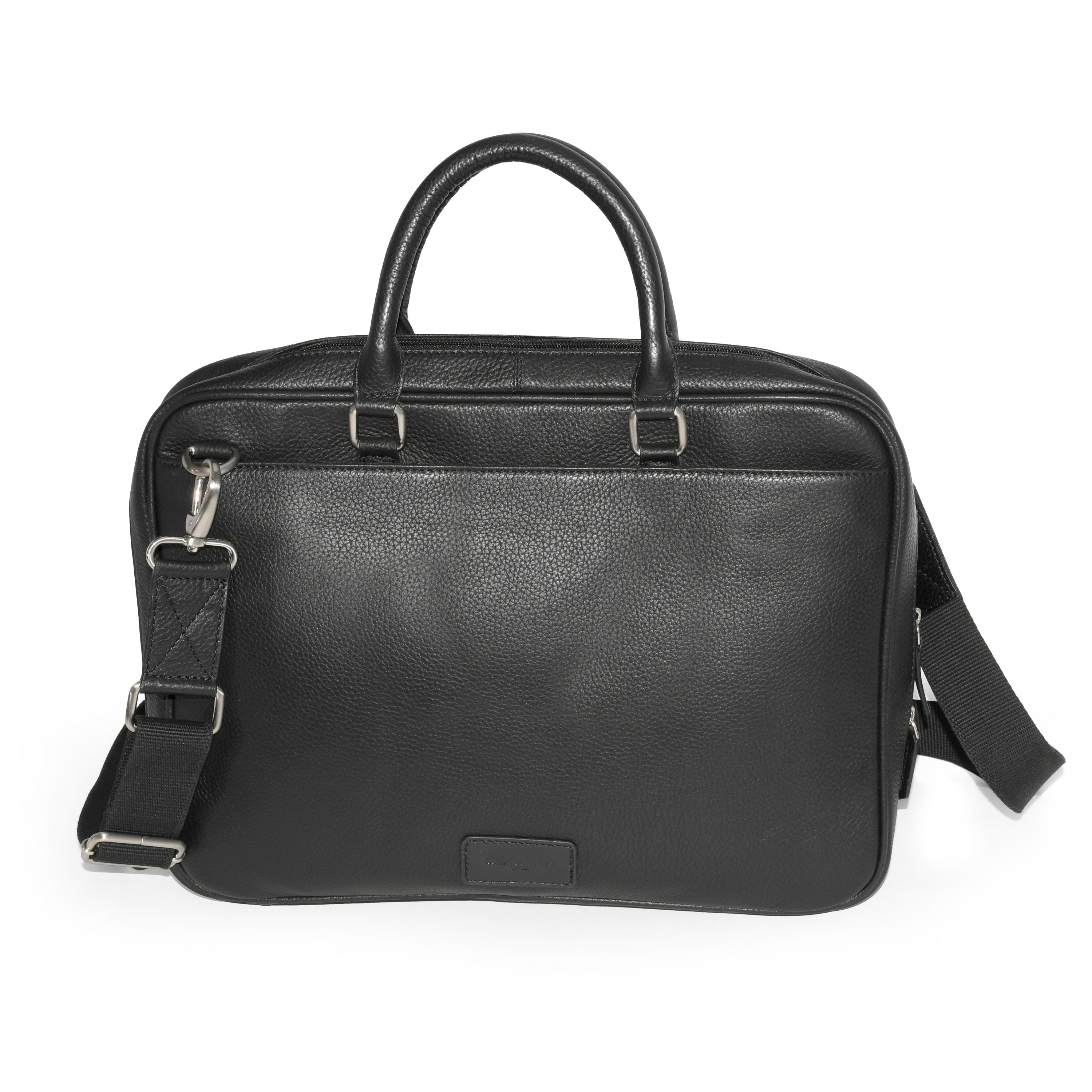 Slim Open Flap Briefcase in genuine leather with top handles and adjustable strap, showcasing spacious interior and multiple pockets.