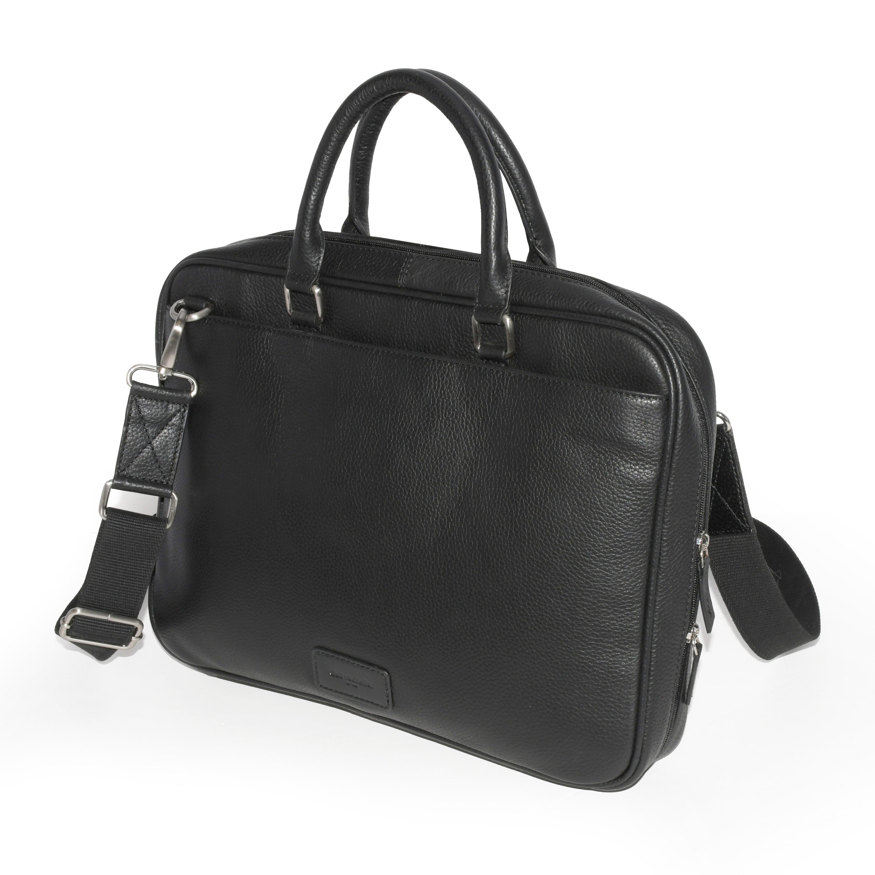 Slim Open Flap Briefcase in genuine leather with top handles and adjustable strap, showcasing spacious interior and multiple pockets.