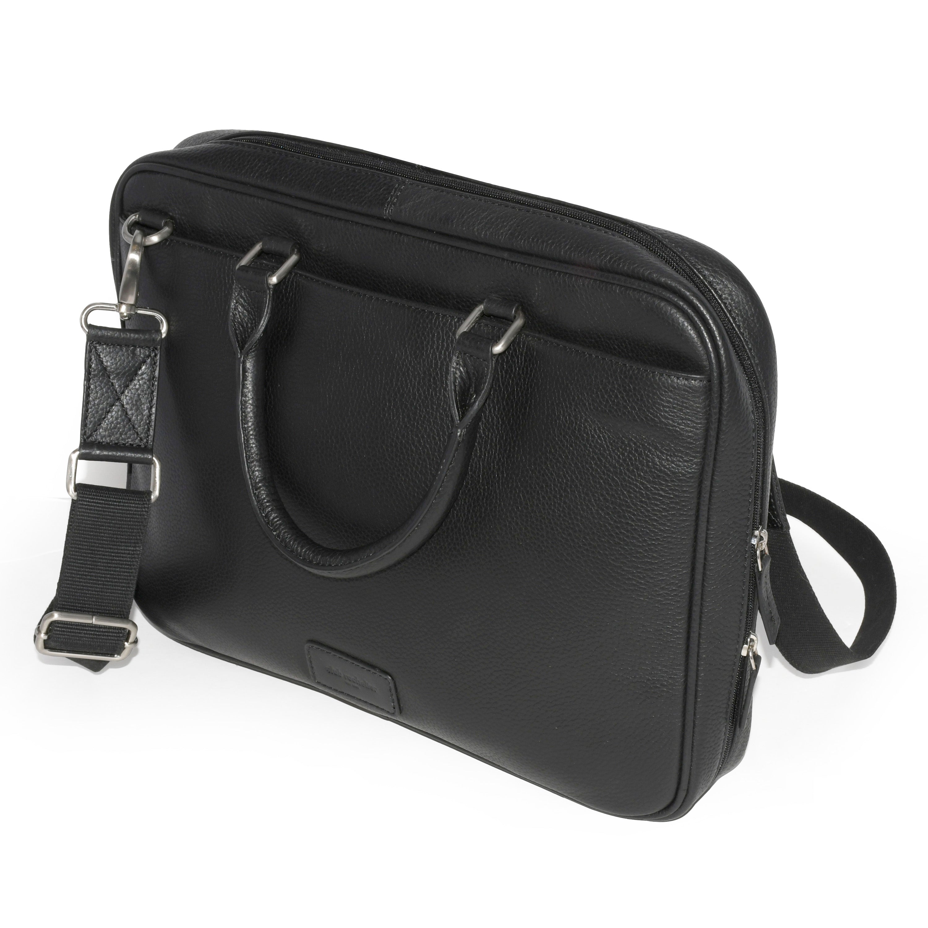 Slim Open Flap Briefcase in genuine leather with top handles and adjustable strap, showcasing spacious interior and multiple pockets.