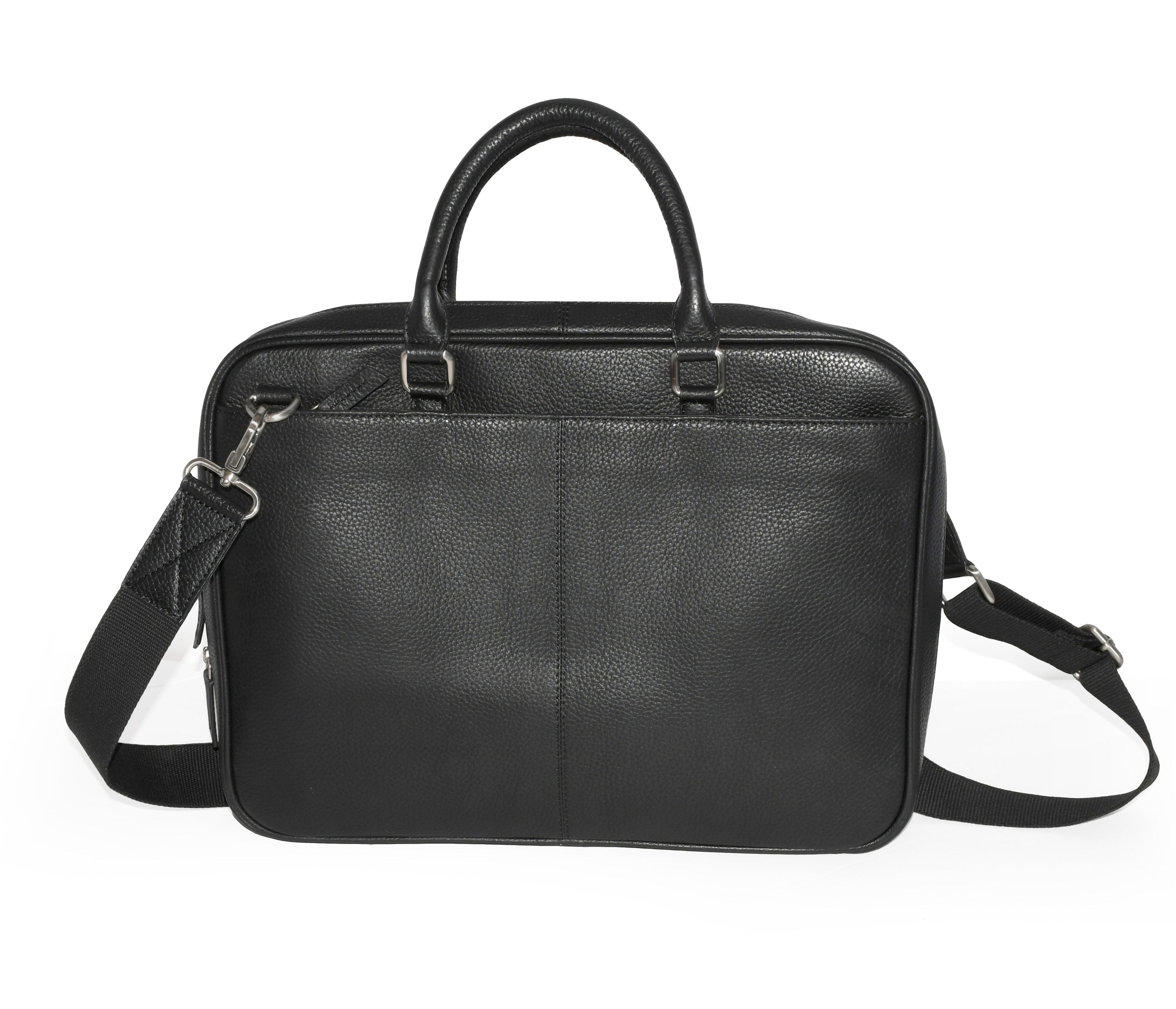 Slim Open Flap Briefcase in genuine leather with top handles and adjustable strap, showcasing spacious interior and multiple pockets.