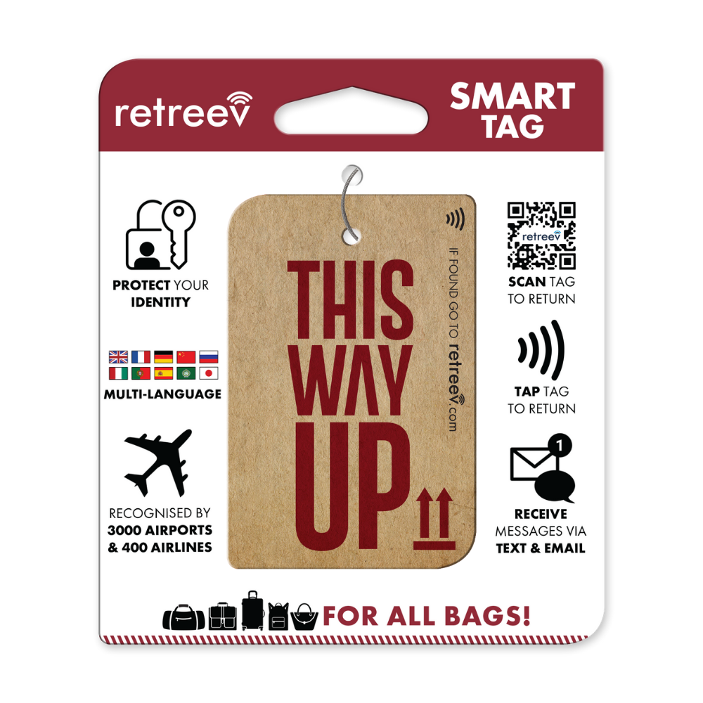 Retreev SMART Tag attached to a stylish travel bag, showcasing its durable stainless steel design and secure attachment.