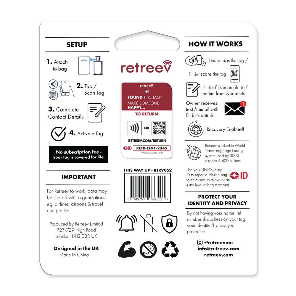 Retreev SMART Tag attached to a stylish travel bag, showcasing its durable stainless steel design and secure attachment.