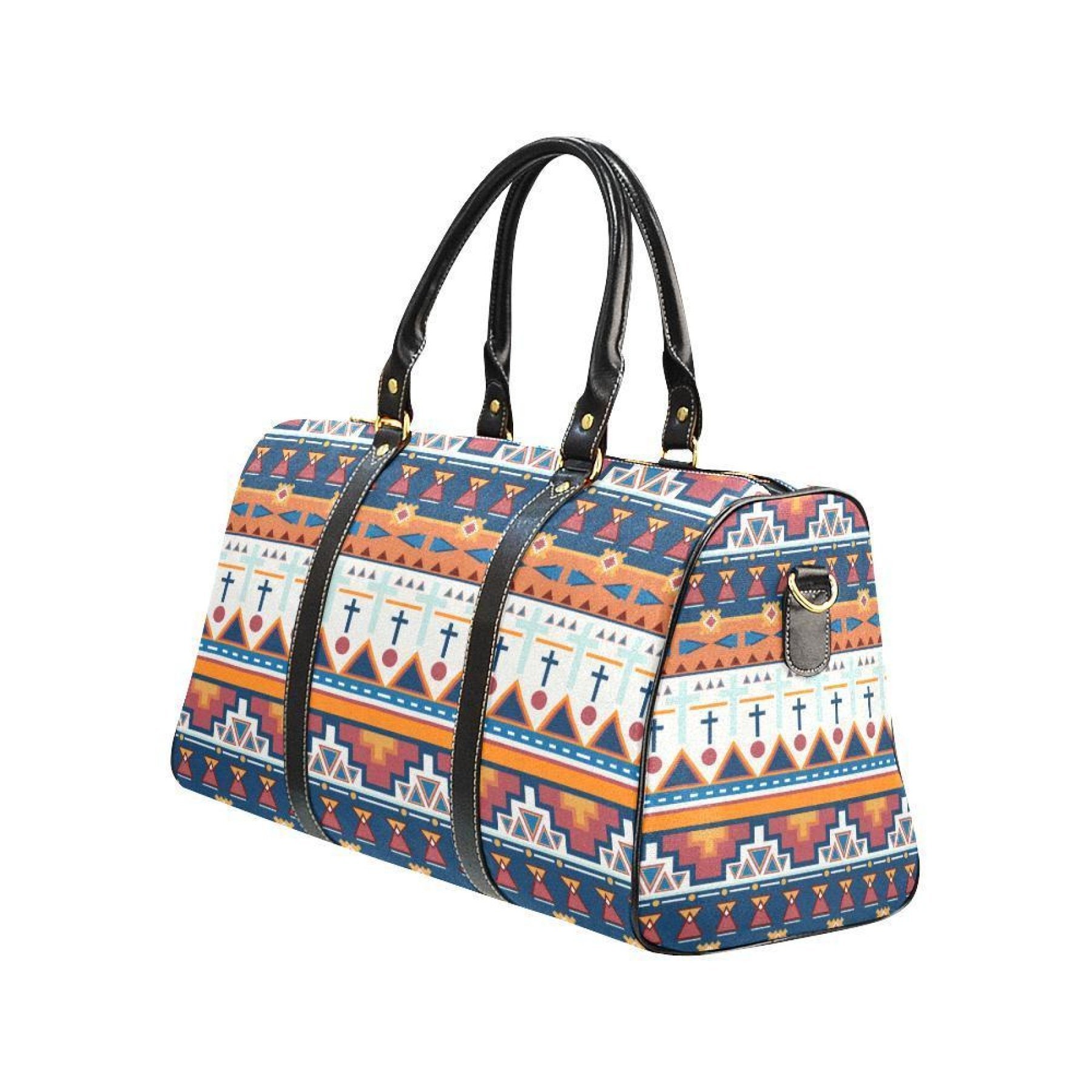 Stylish multicolor leather travel bag with adjustable shoulder strap and spacious interior for personal items.