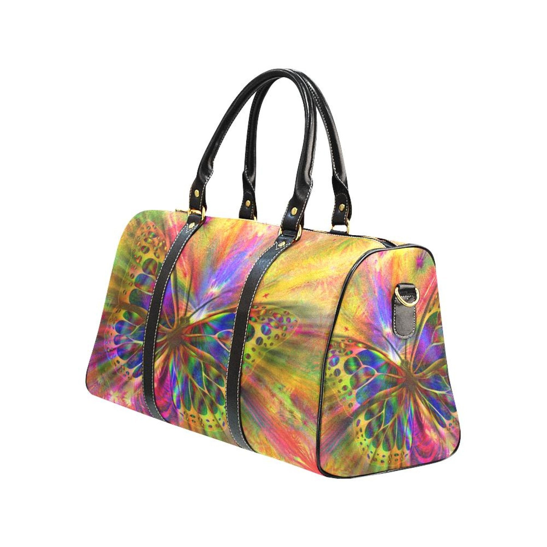 Radiant Butterfly Double Handle Carry-bag in multicolor design, showcasing its spacious interior and adjustable shoulder strap.