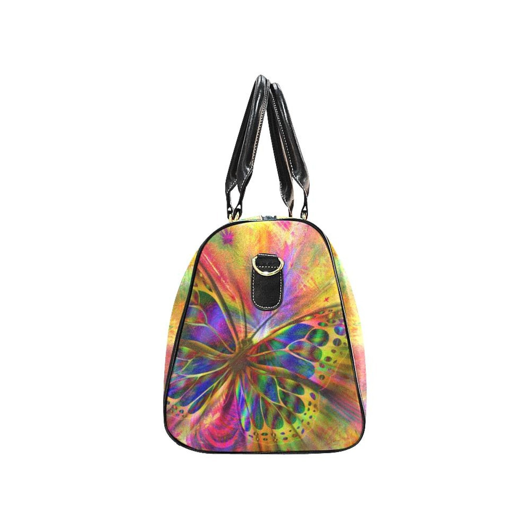 Radiant Butterfly Double Handle Carry-bag in multicolor design, showcasing its spacious interior and adjustable shoulder strap.