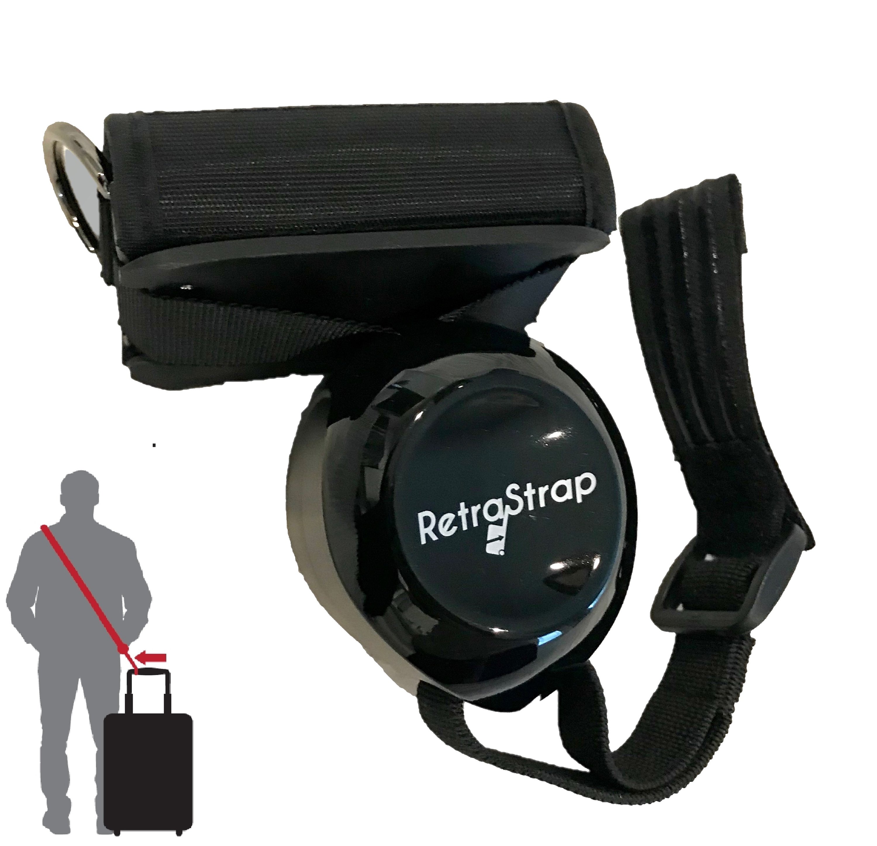 RetraStrap hands-free luggage strap attached to a wheeled carry-on, showcasing its ergonomic design and anti-theft features.