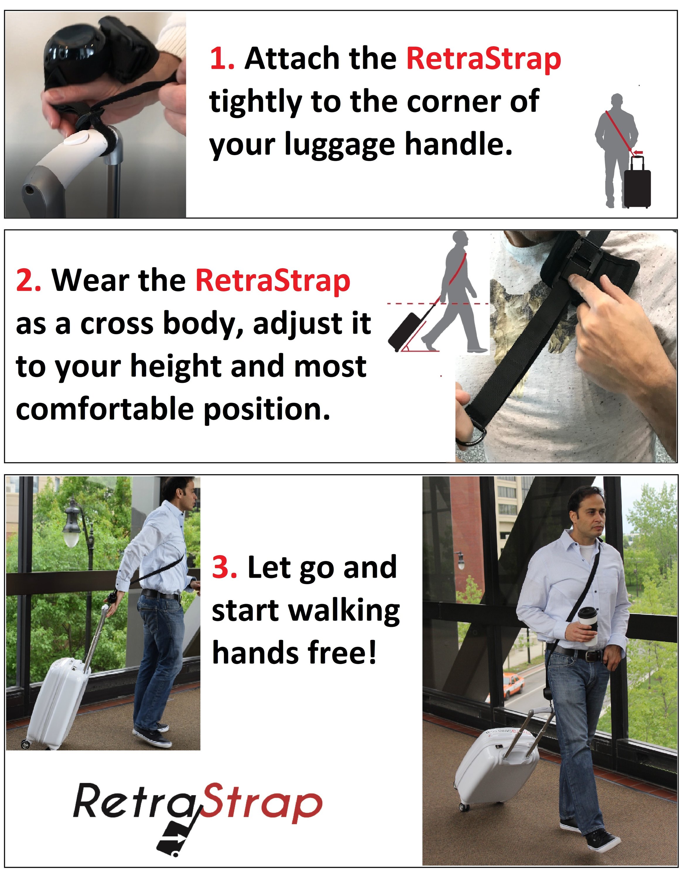 RetraStrap hands-free luggage strap attached to a wheeled carry-on, showcasing its ergonomic design and anti-theft features.