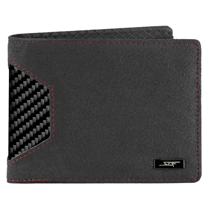 Alcantara & Real Carbon Fiber Bi-Fold Wallet featuring red stitching, showcasing its sleek design and premium materials.