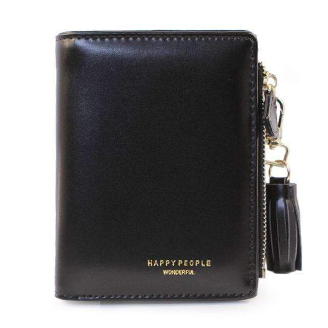 AMZER Bifold Tassel Women PU Leather Wallet in black, showcasing its sleek design and multiple card holder compartments.