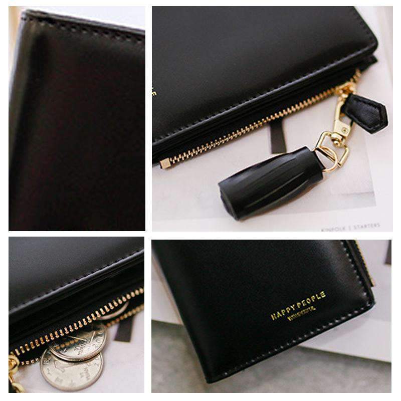 AMZER Bifold Tassel Women PU Leather Wallet in black, showcasing its sleek design and multiple card holder compartments.