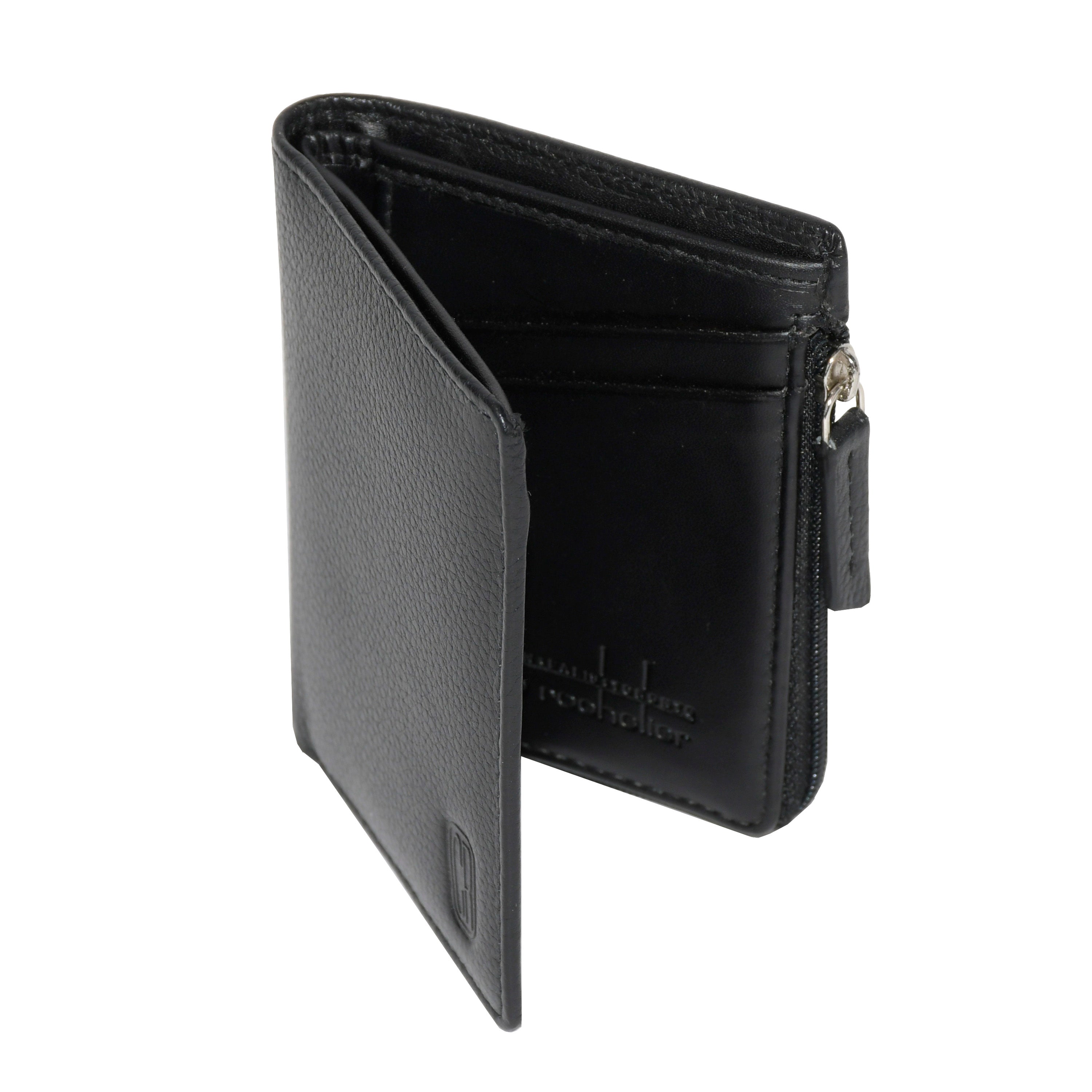 City Zip Bifold Wallet made of genuine leather, featuring credit card slots, ID window, and zippered coin pocket.