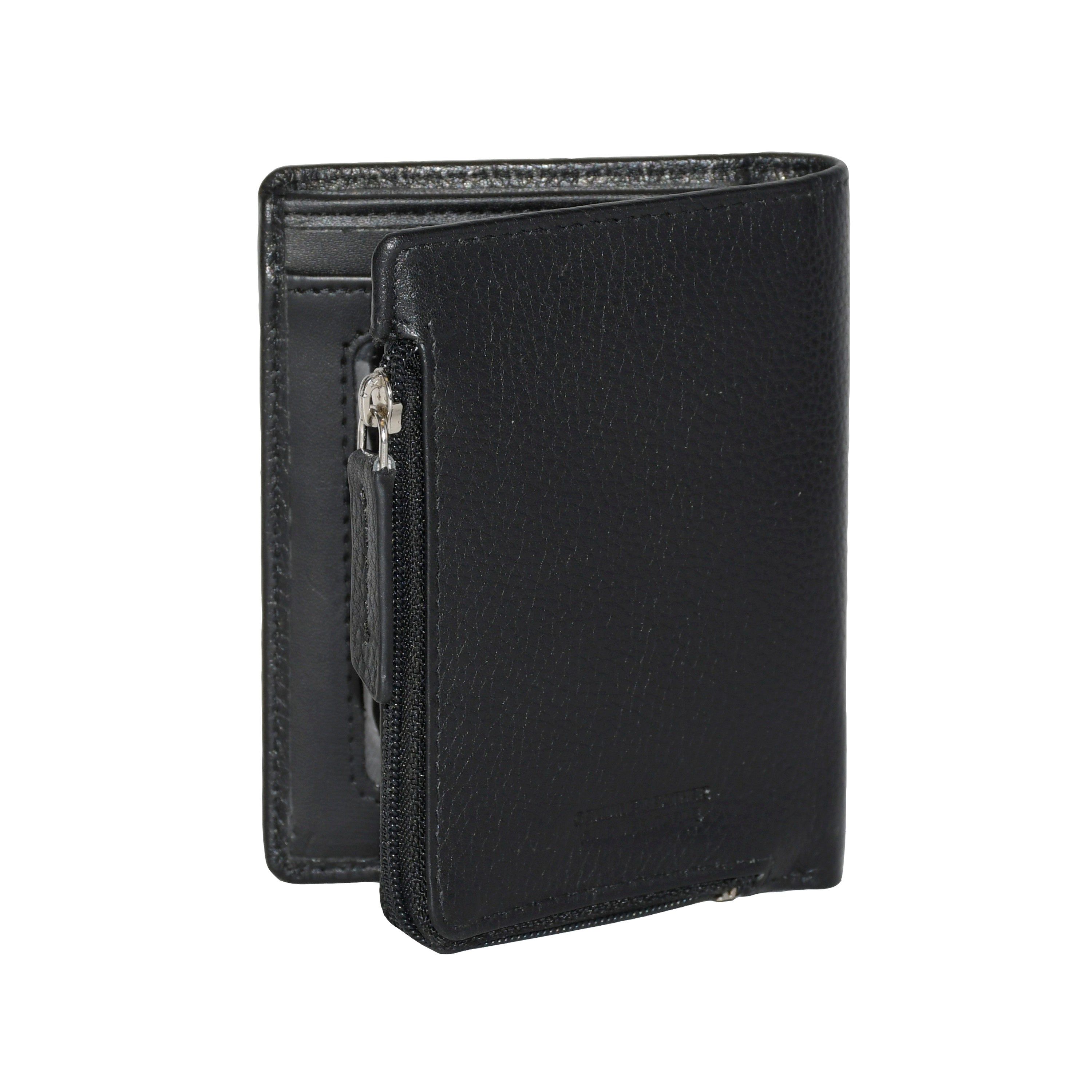 City Zip Bifold Wallet made of genuine leather, featuring credit card slots, ID window, and zippered coin pocket.