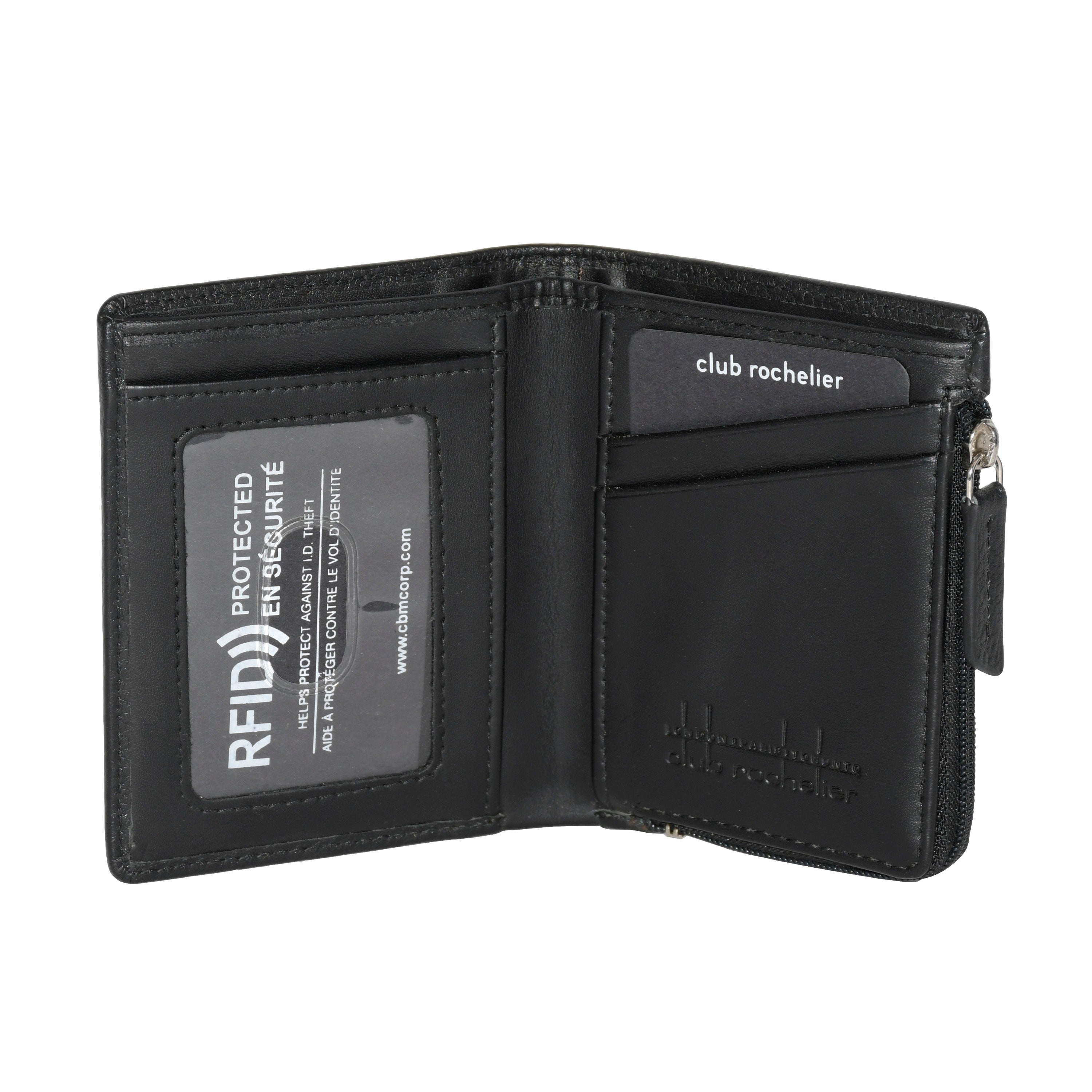 City Zip Bifold Wallet made of genuine leather, featuring credit card slots, ID window, and zippered coin pocket.