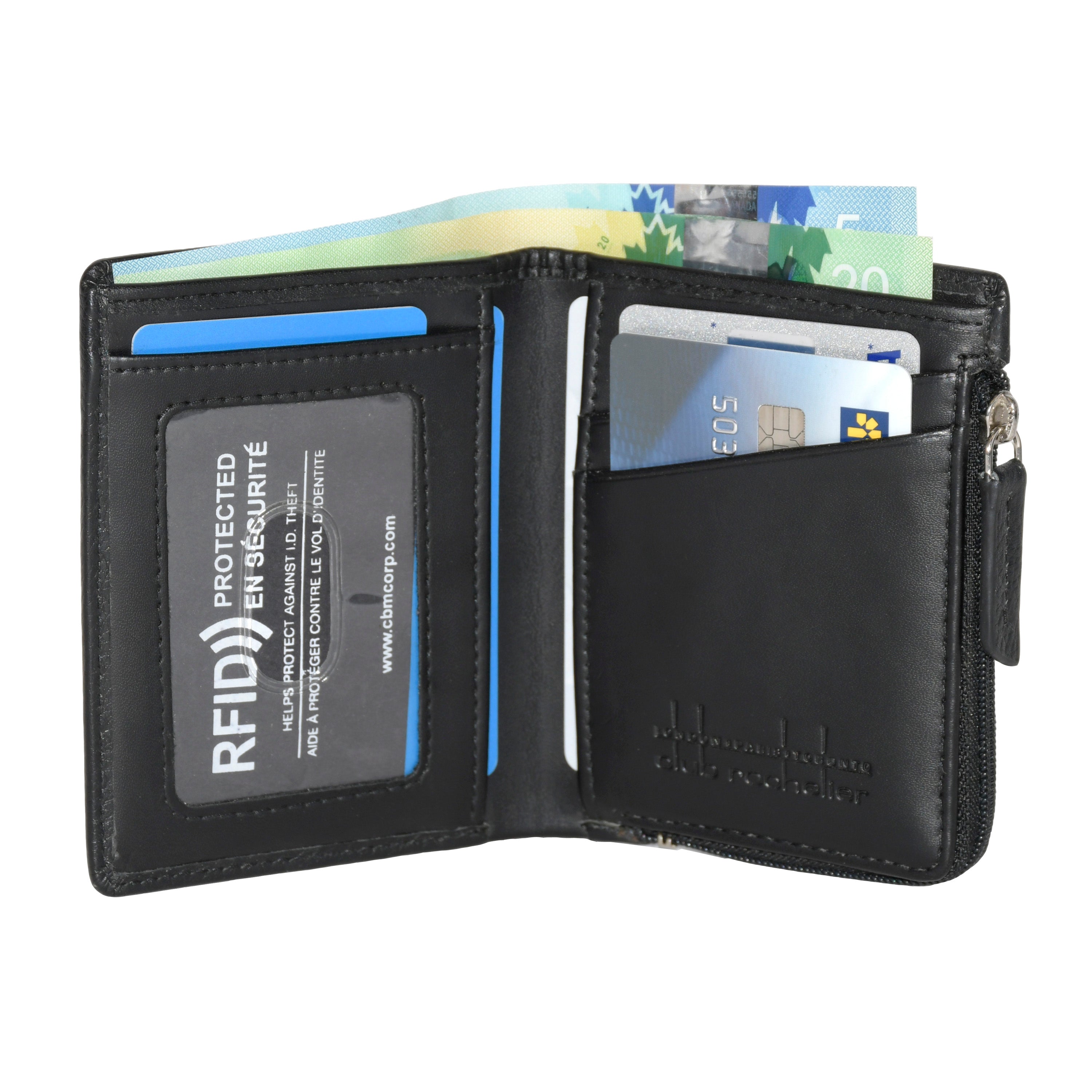 City Zip Bifold Wallet made of genuine leather, featuring credit card slots, ID window, and zippered coin pocket.