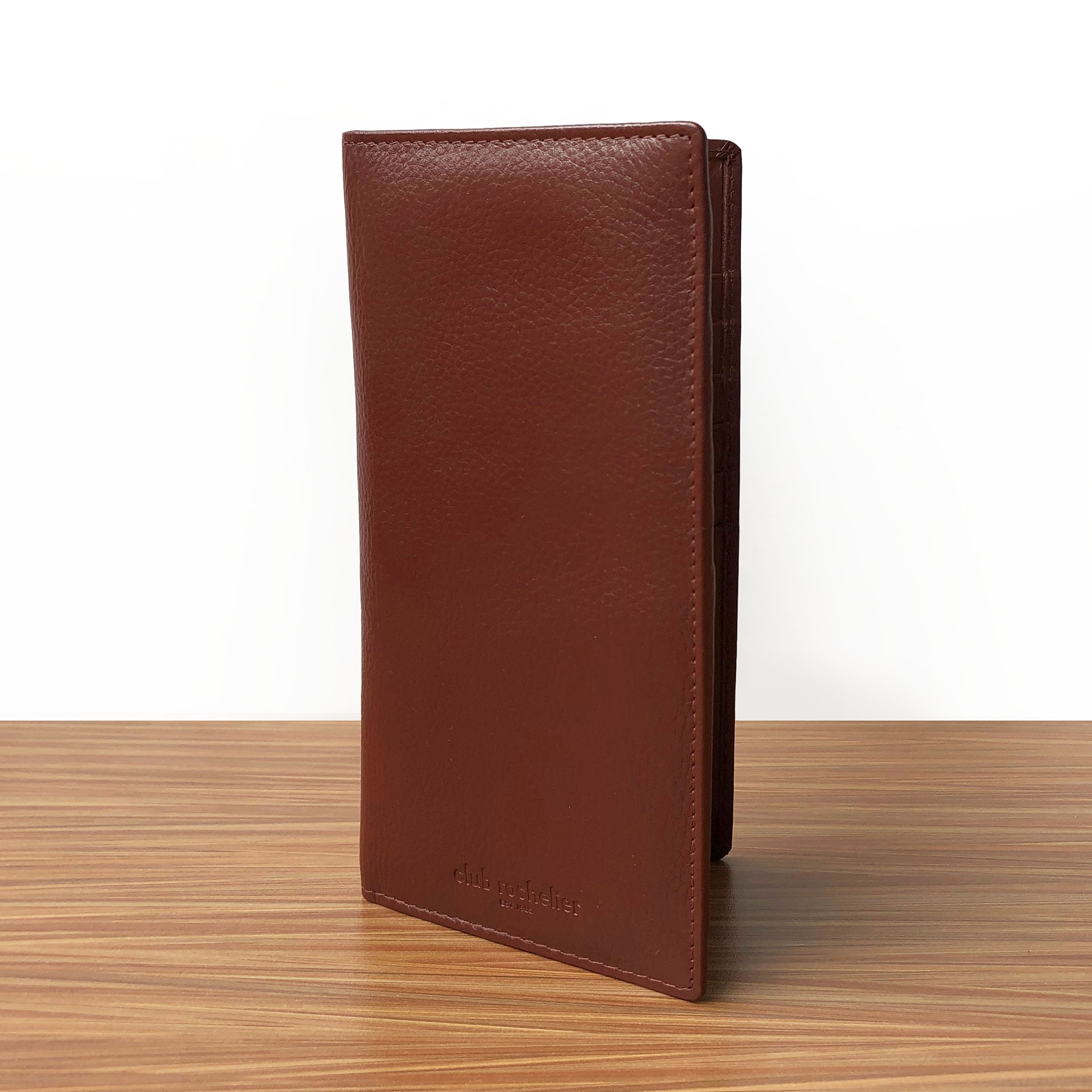 Ladies Cheque Book Clutch Wallet in genuine leather with vertical design, featuring credit card slots and RFID protection.