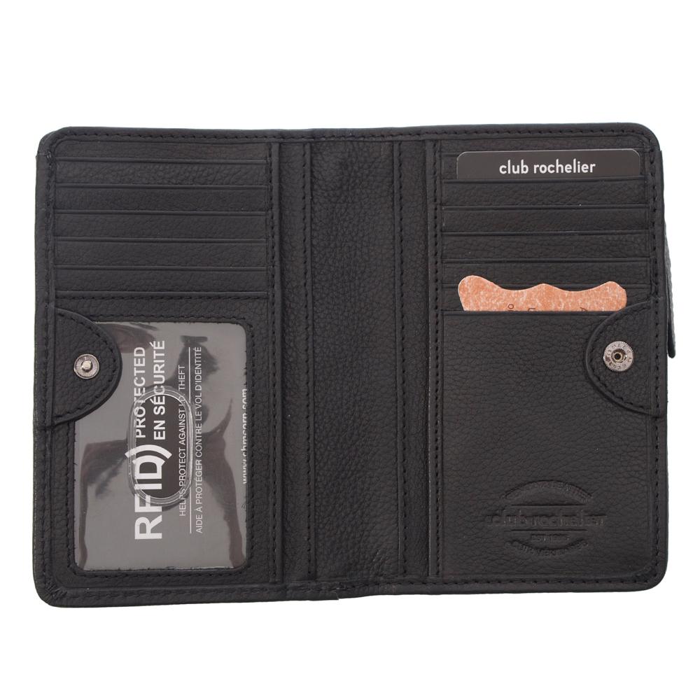 Ladies Full Leather Bifold Wallet in elegant design, featuring multiple card slots, ID window, and zippered coin pocket.