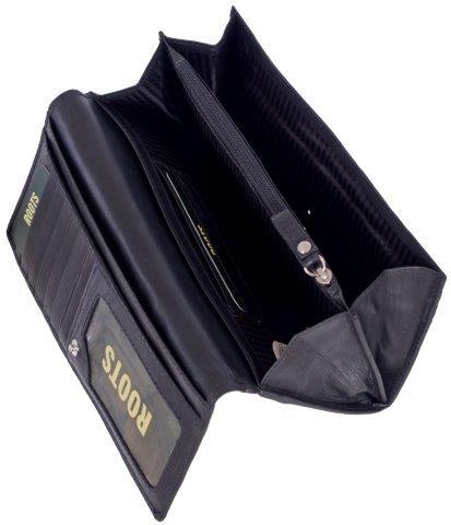 A stylish Ladies Leather Expander Clutch Wallet featuring 15 credit card slots, an ID window, expandable pockets, and secure zipper pockets.