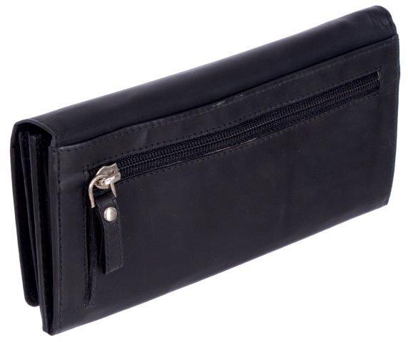 A stylish Ladies Leather Expander Clutch Wallet featuring 15 credit card slots, an ID window, expandable pockets, and secure zipper pockets.