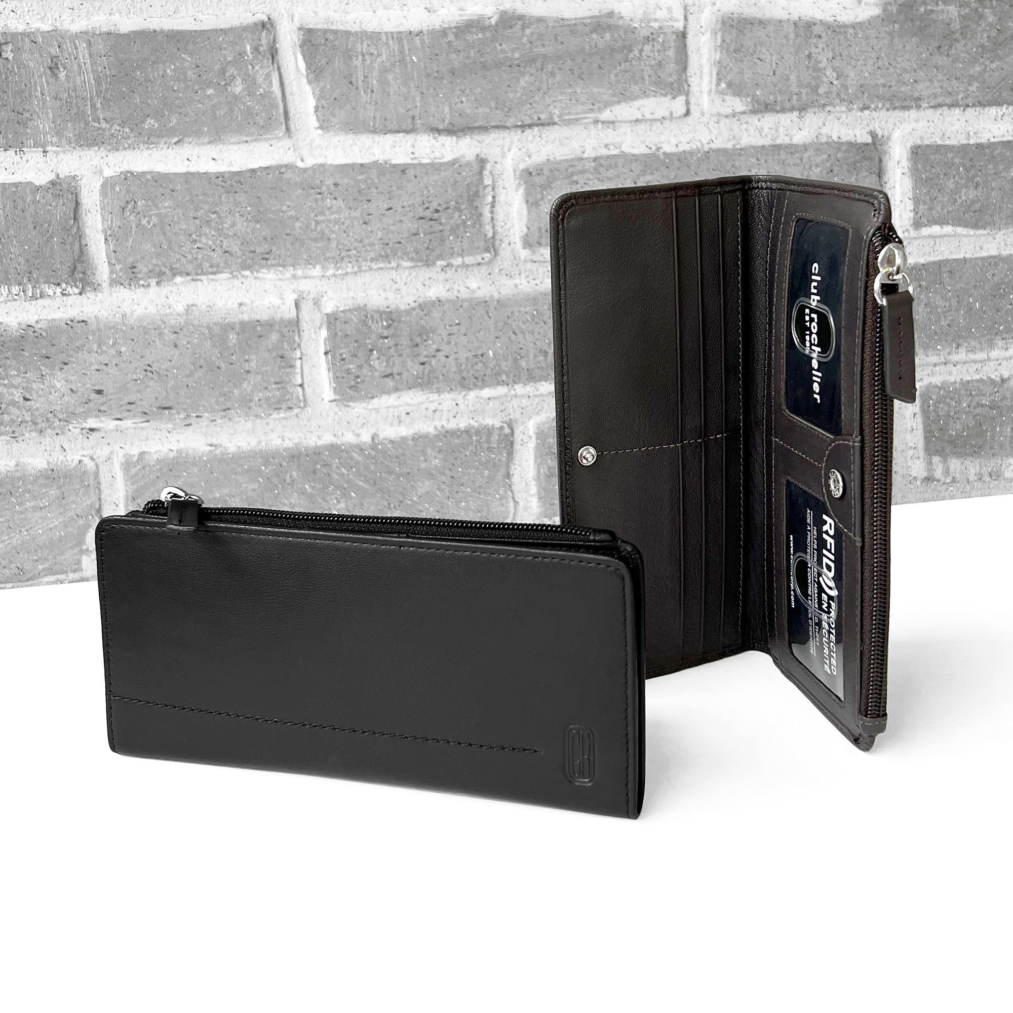 Ladies Slim Clutch Wallet with Top Zipper featuring RFID protection, card slots, and ID windows in a stylish design.