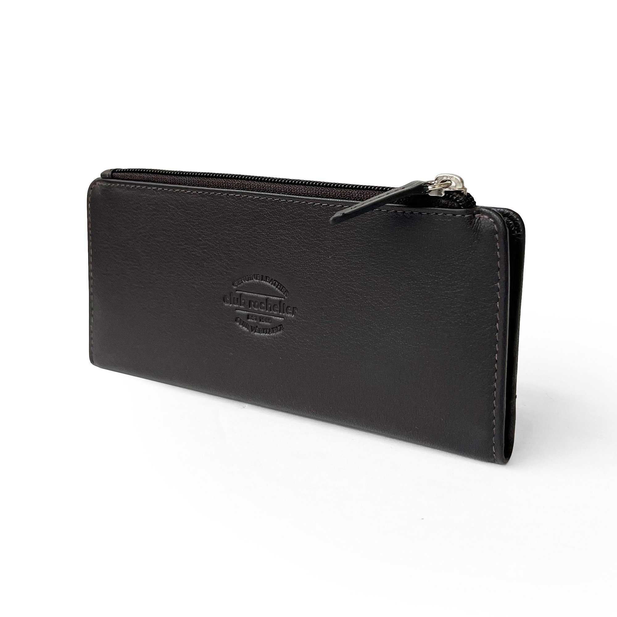 Ladies Slim Clutch Wallet with Top Zipper featuring RFID protection, card slots, and ID windows in a stylish design.