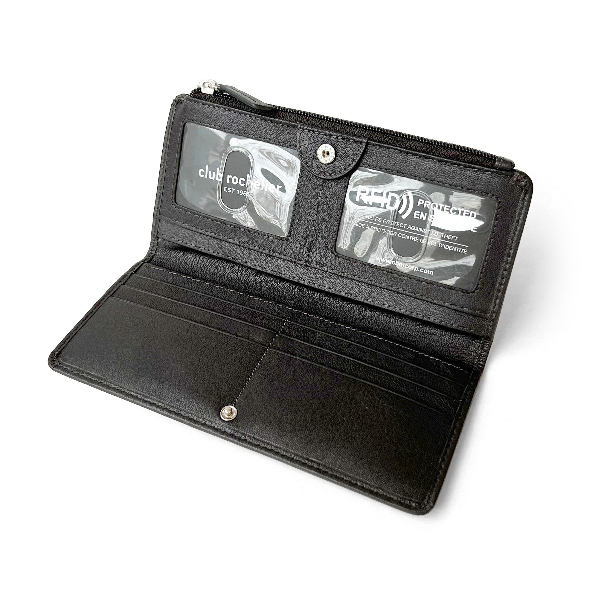 Ladies Slim Clutch Wallet with Top Zipper featuring RFID protection, card slots, and ID windows in a stylish design.