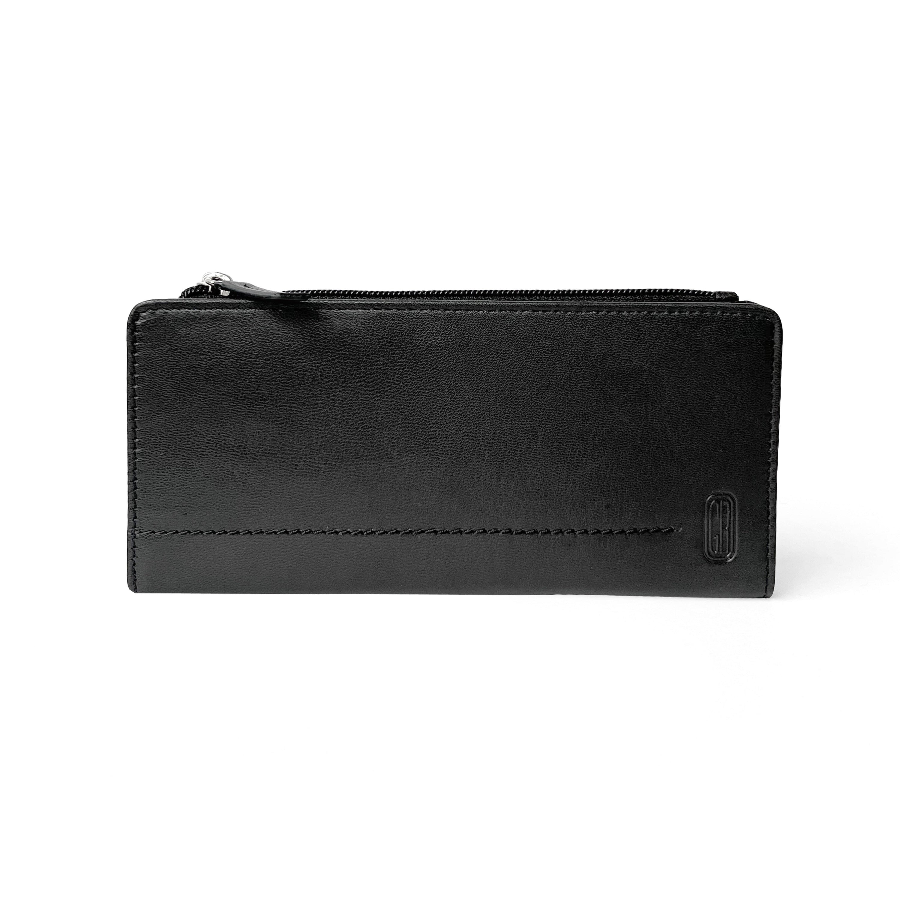 Ladies Slim Clutch Wallet with Top Zipper featuring RFID protection, card slots, and ID windows in a stylish design.