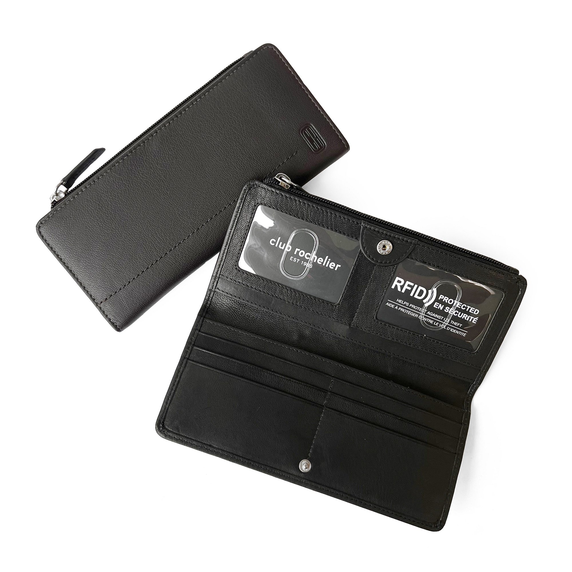 Ladies Slim Clutch Wallet with Top Zipper featuring RFID protection, card slots, and ID windows in a stylish design.